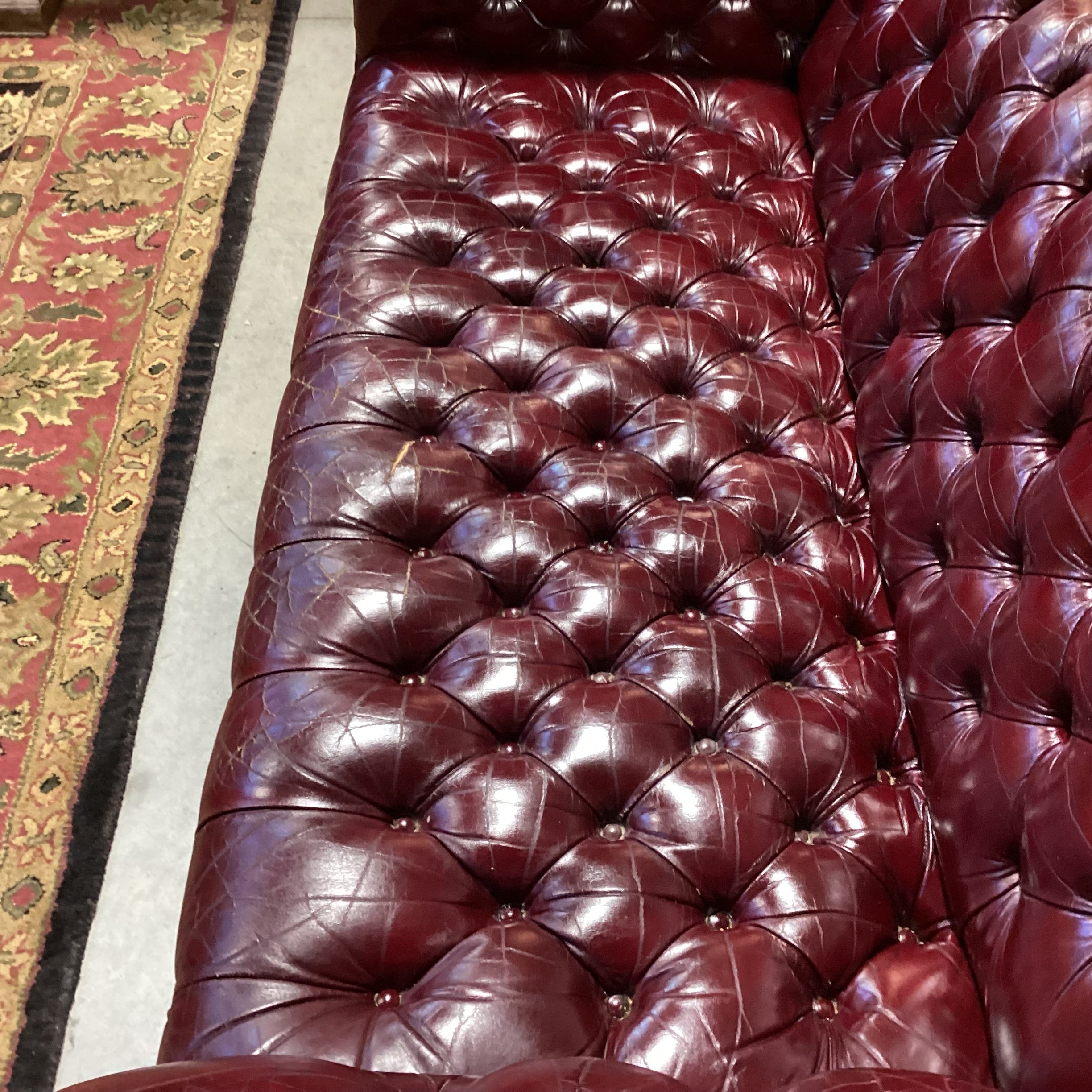 Vintage Burgundy Tufted Leather Nail Head on Casters Chesterfield Loveseat Sofa 69"x 36"x 28"