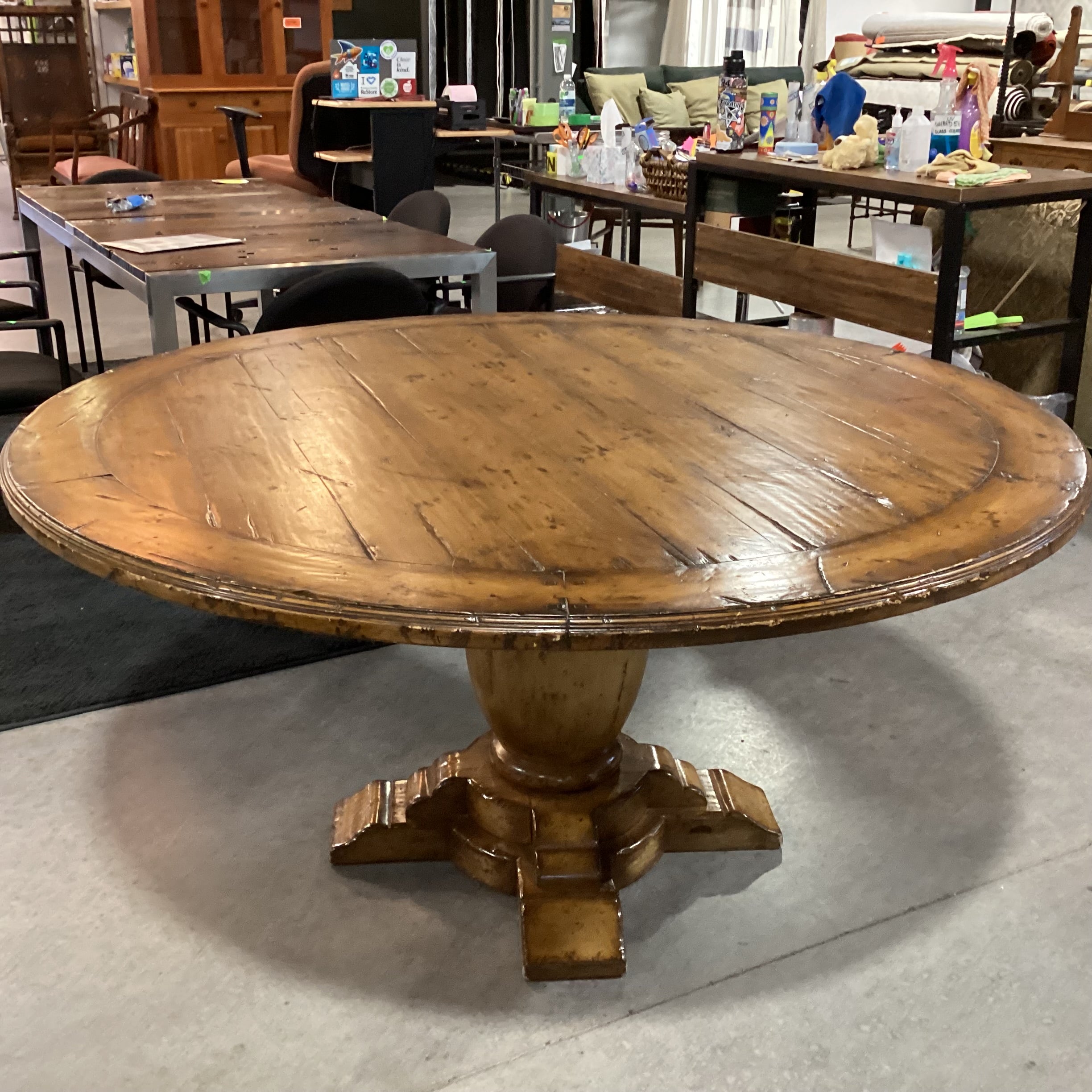 Light Distressed Wood with Pedestal Round Dining Table 62" Diameter x 29.5"