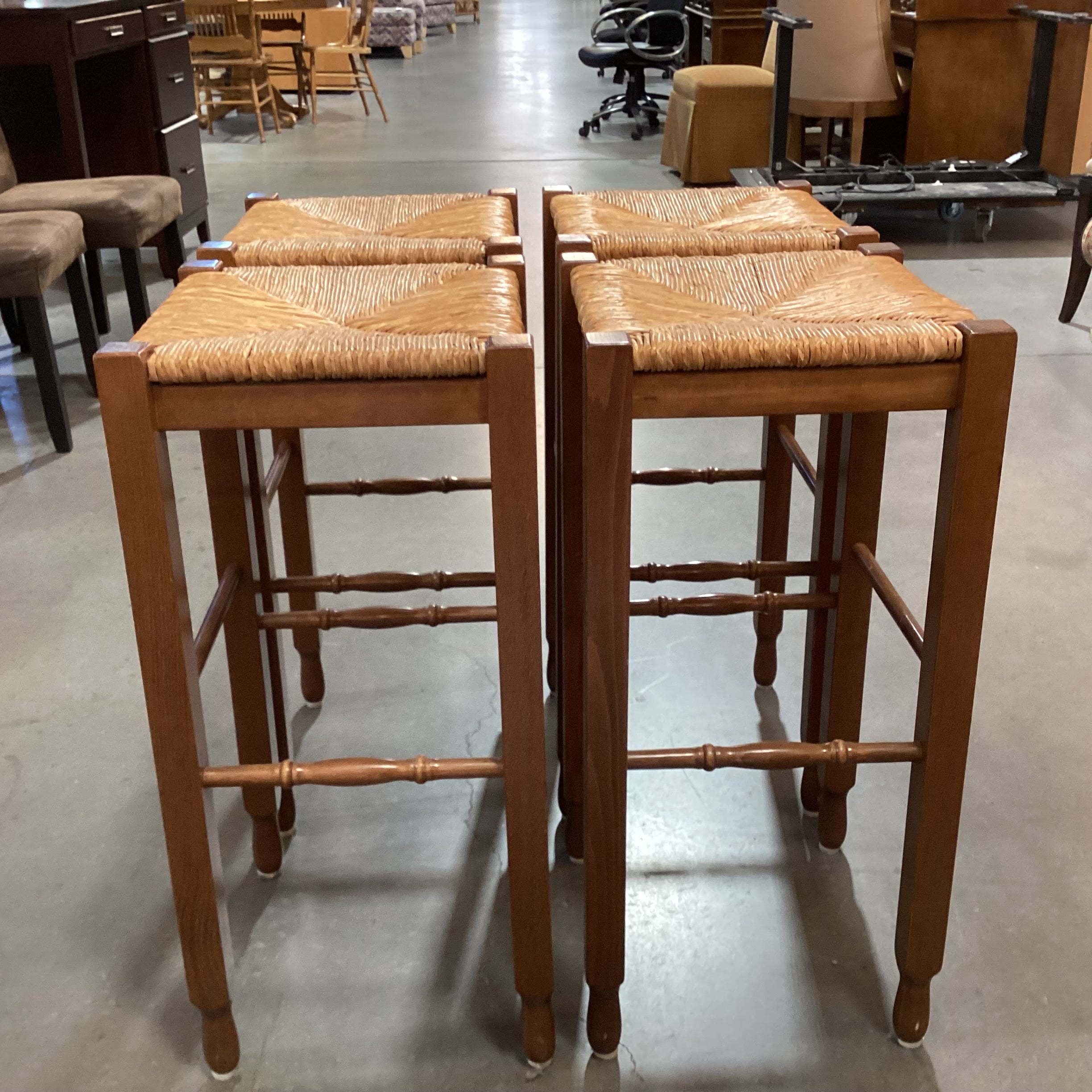 SET of 4 Carved Wood & Rush Seat Barstools 30"