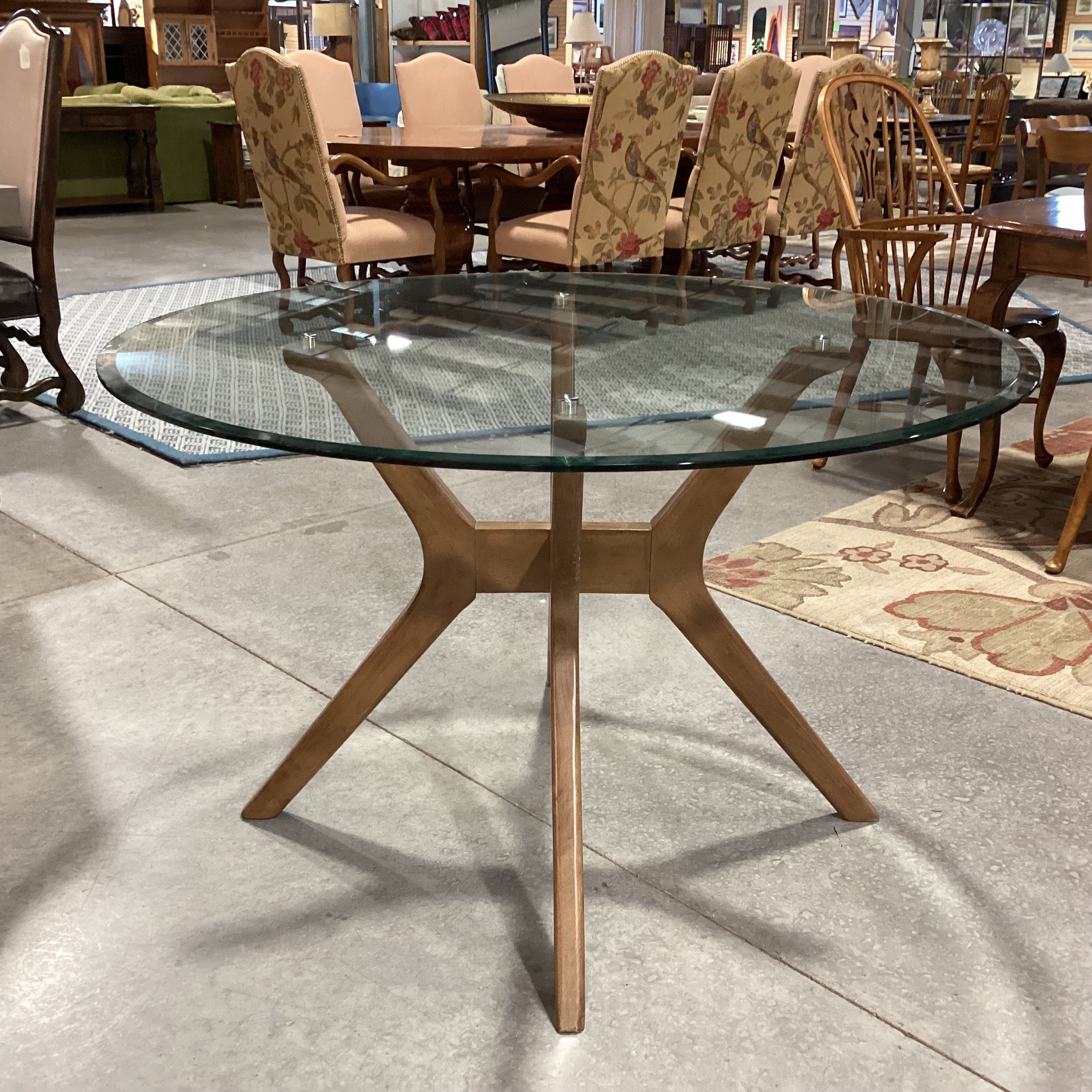 Mid Century Style Round Glass & Wood 4 Leg Pedestal Dining Table 48" Diameter x 30"