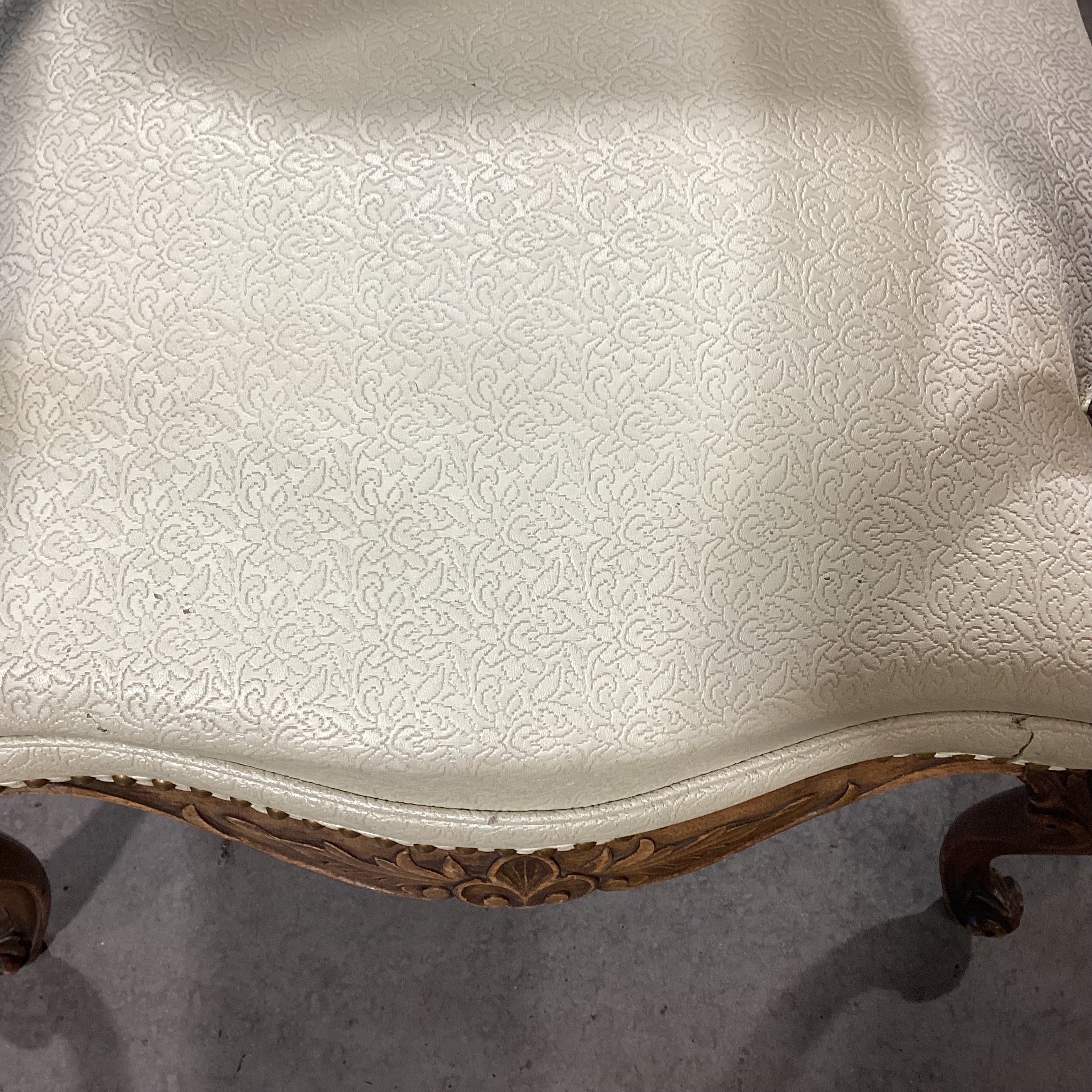 Vintage Carved Wood Cream Leather Like Embossed Vinyl Nailhead Chair 25.5"x 30"x 40"