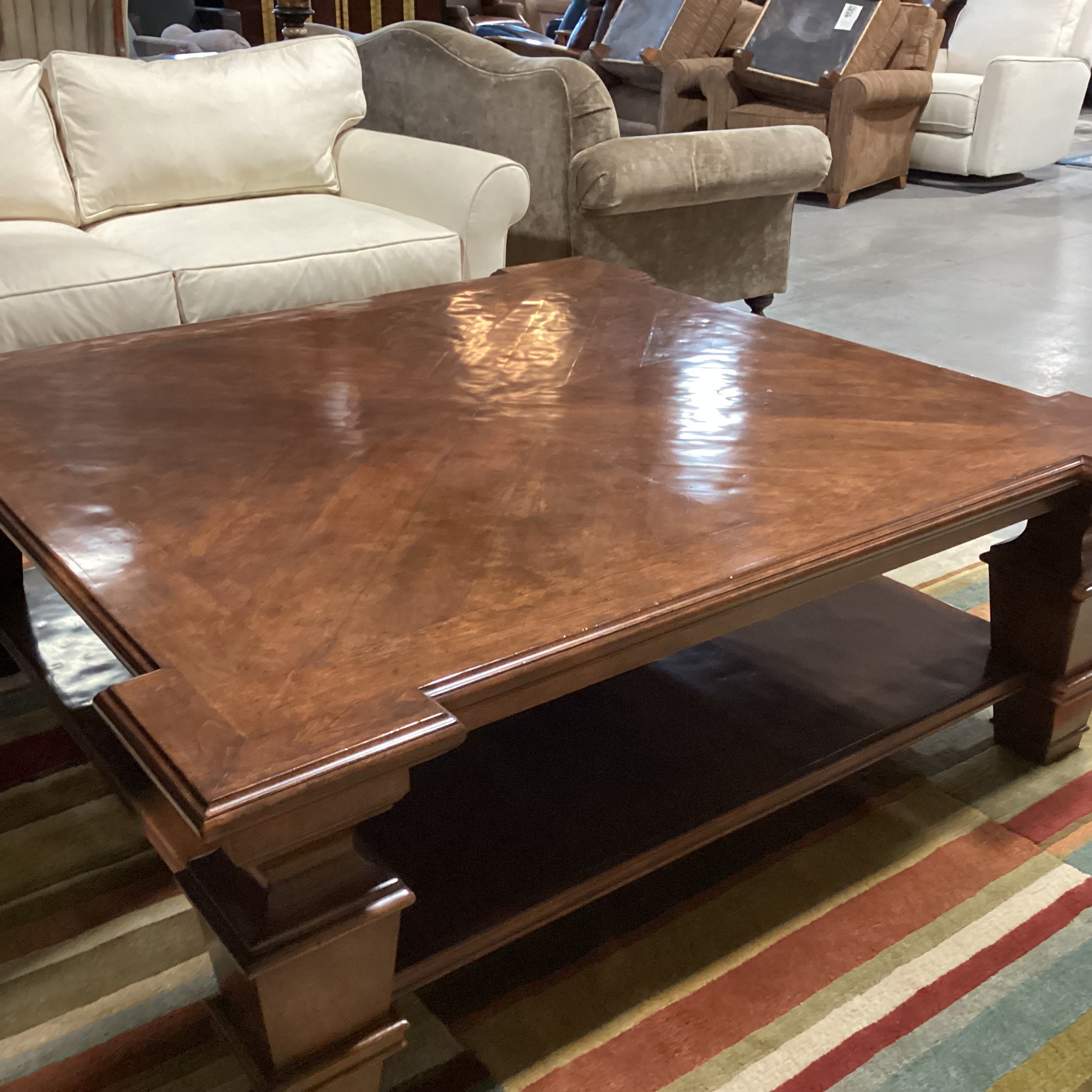 Carved Wood with Dark Lacquered Distressed Finish Matched Inset & Bottom Shelf Coffee Table 60"x 60"x 21"