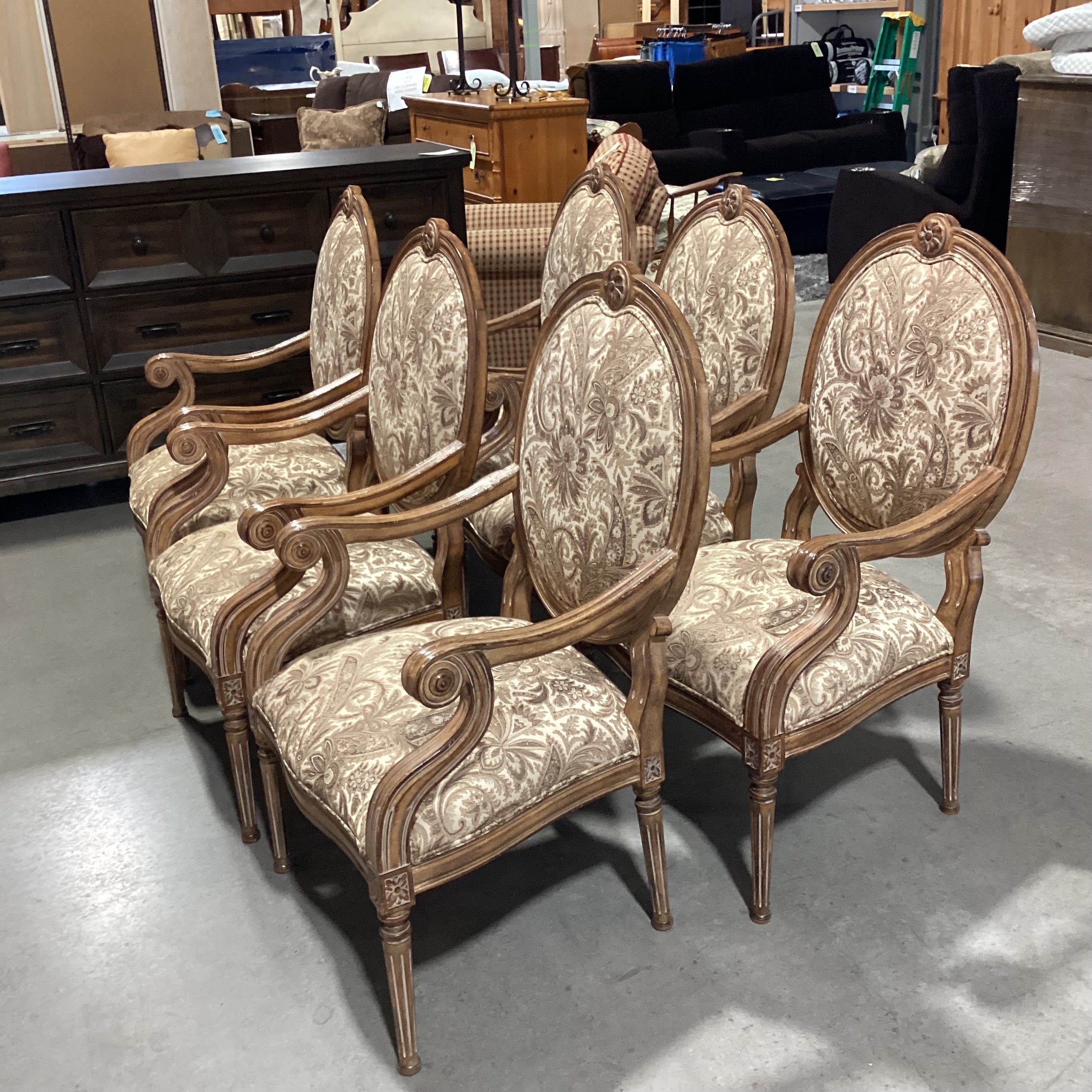 Set of 6 Kreiss Ivory Taupe & Gold Oval Back & Carved Wood Dining Chair 25"x 25"x 42"