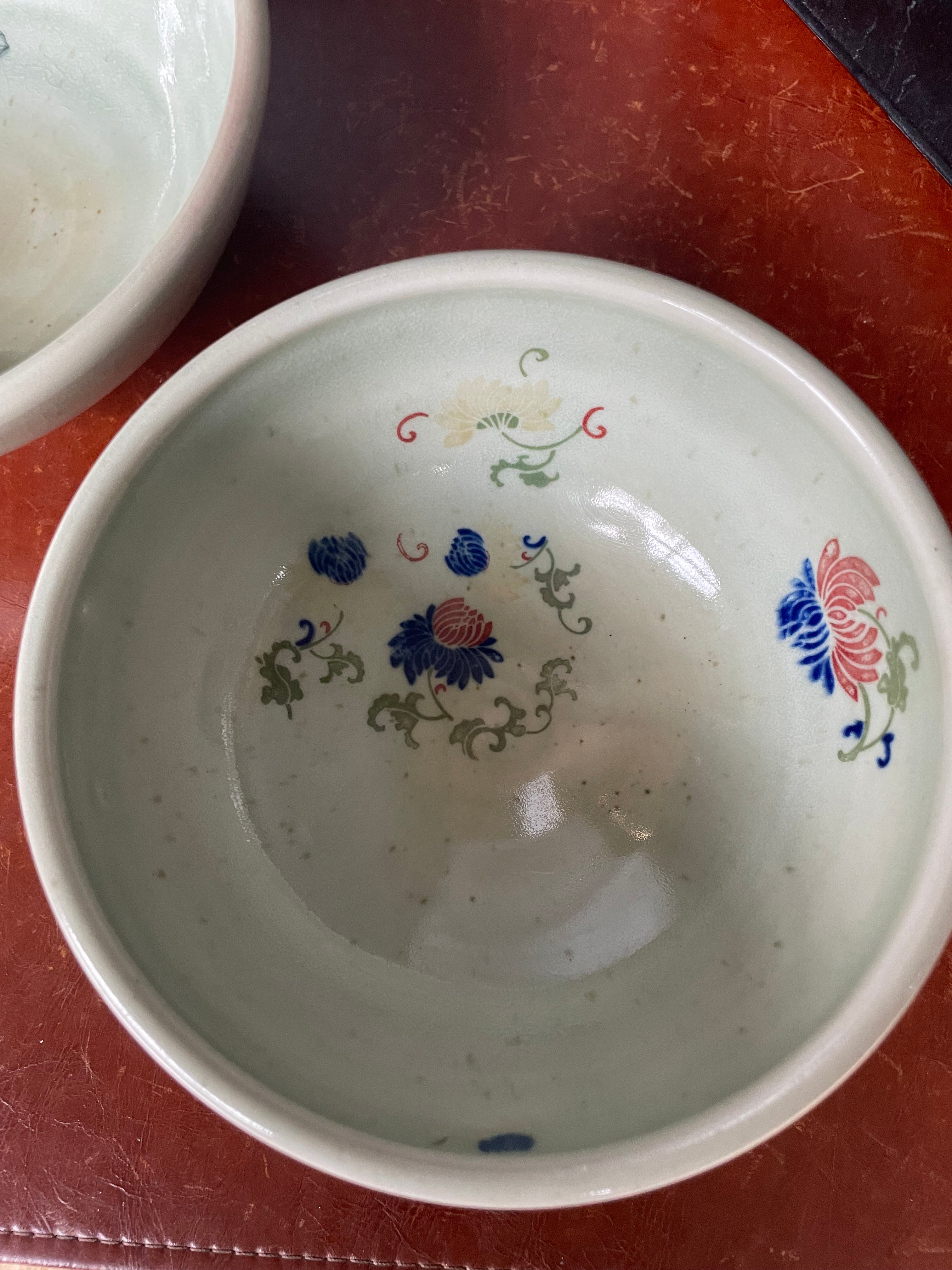 Set of 2 Vintage Korean Studio Art  Handpainted Celadon Footed Bowls Signed by Artist