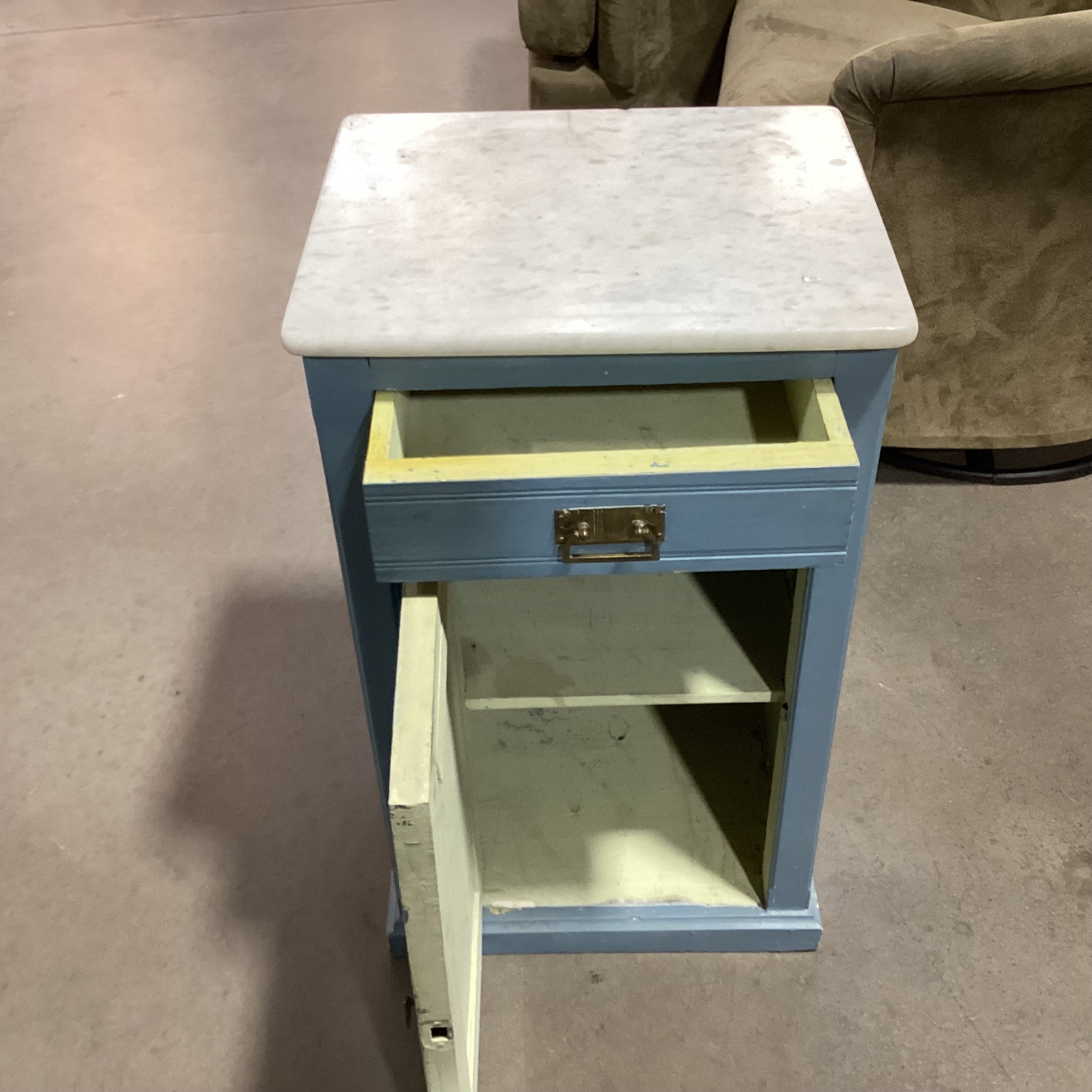Rustic Wedgewood Blue 1 Drawer 1 Door with Marble Top End Table 17"x 14.5"x 28.5"