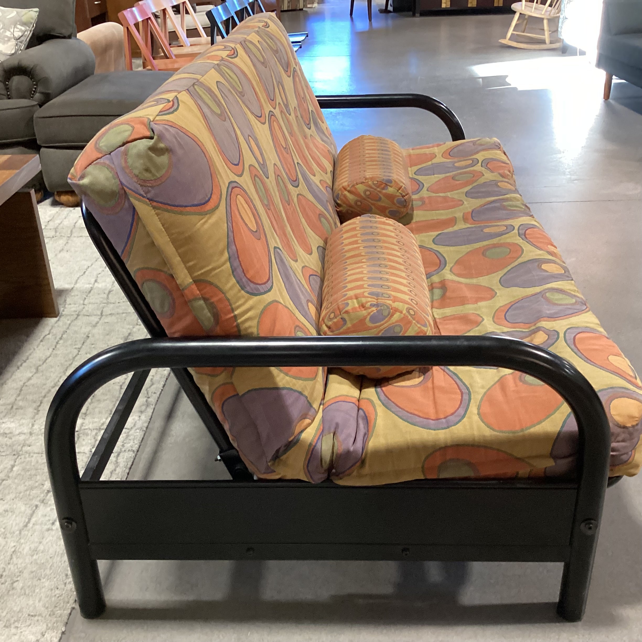 Gold Orange & Purple Circle Design Cushion & Black Metal Futon Sofa 79"x 44" to 56"x 38"