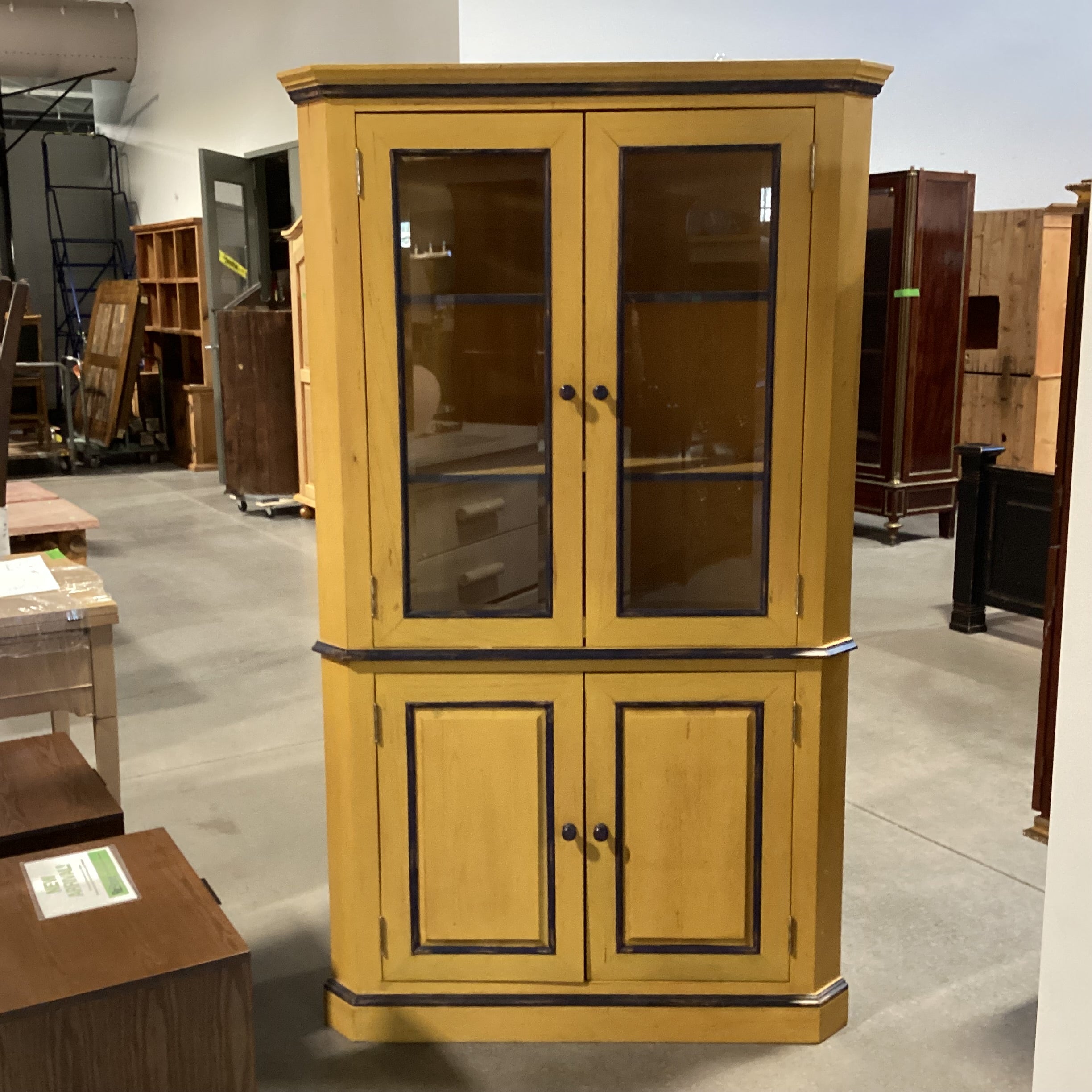 Gold & Navy Distressed Wood 2 Beveled Glass Doors & 2Wood with Shelves Corner Armoire 42"x 32"x 72.5"