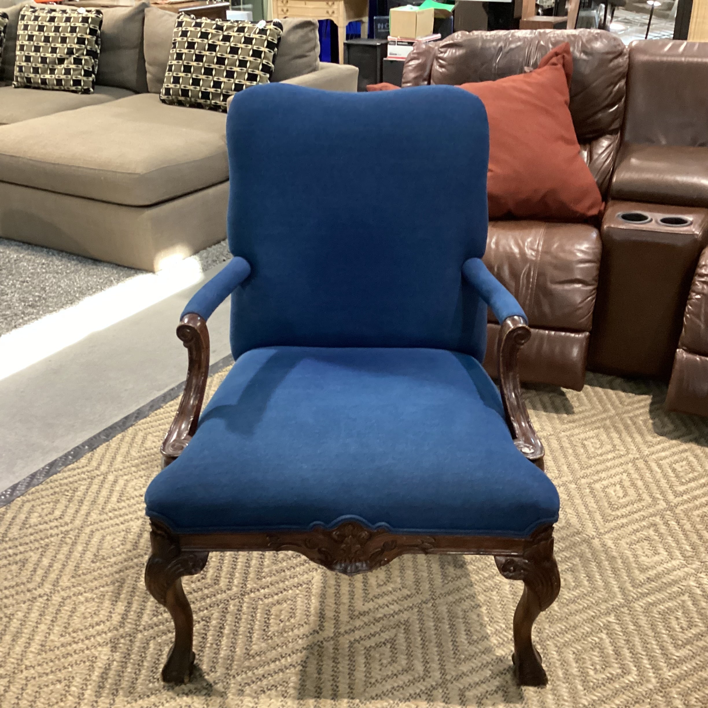 Antique Carved Wood Claw & Ball Foot & Denim Upholstered Chair 29"x 32"x 38"
