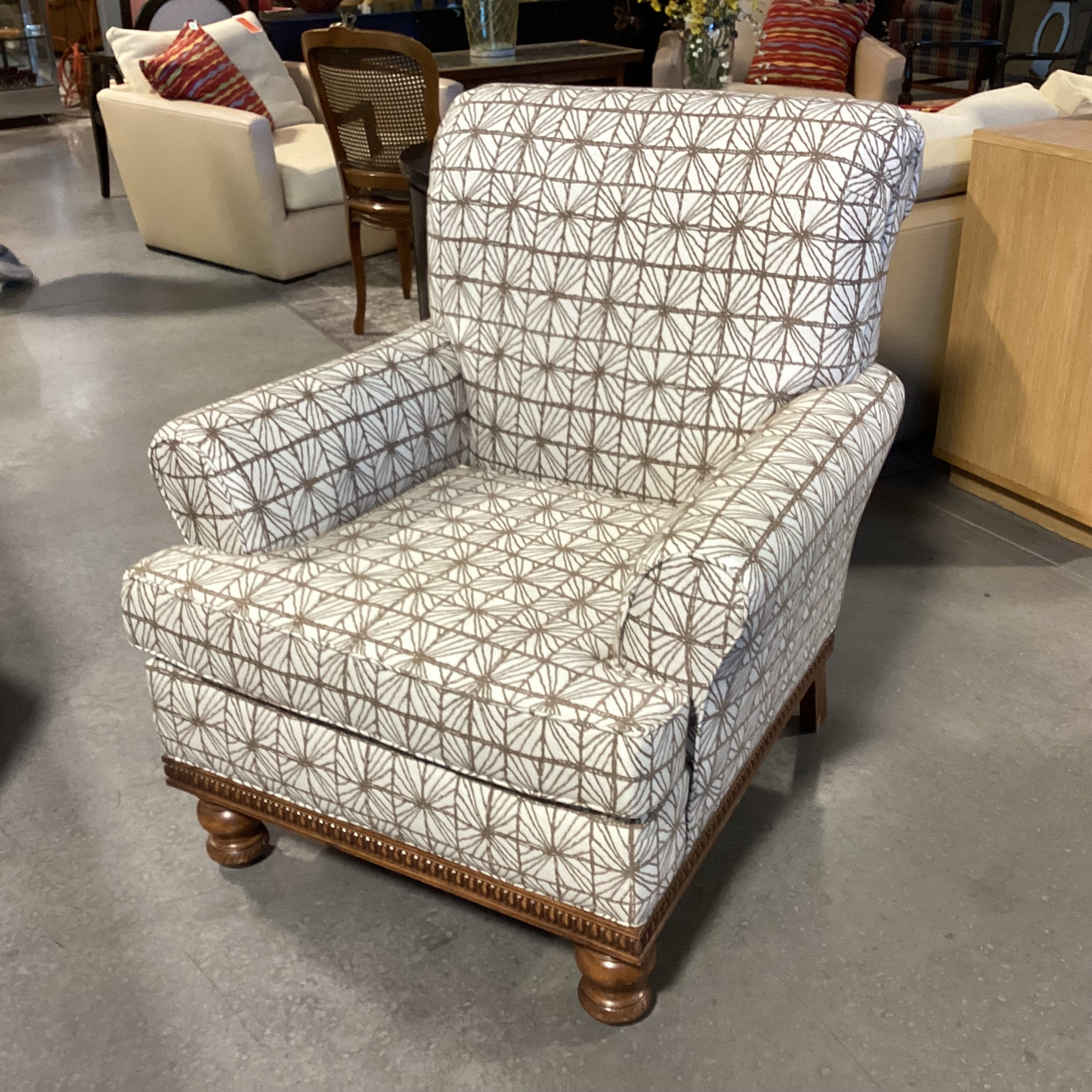 Ivory with Taupe Pattern Linen & Carved English Walnut Finish Chair 36"x 36"x 39"