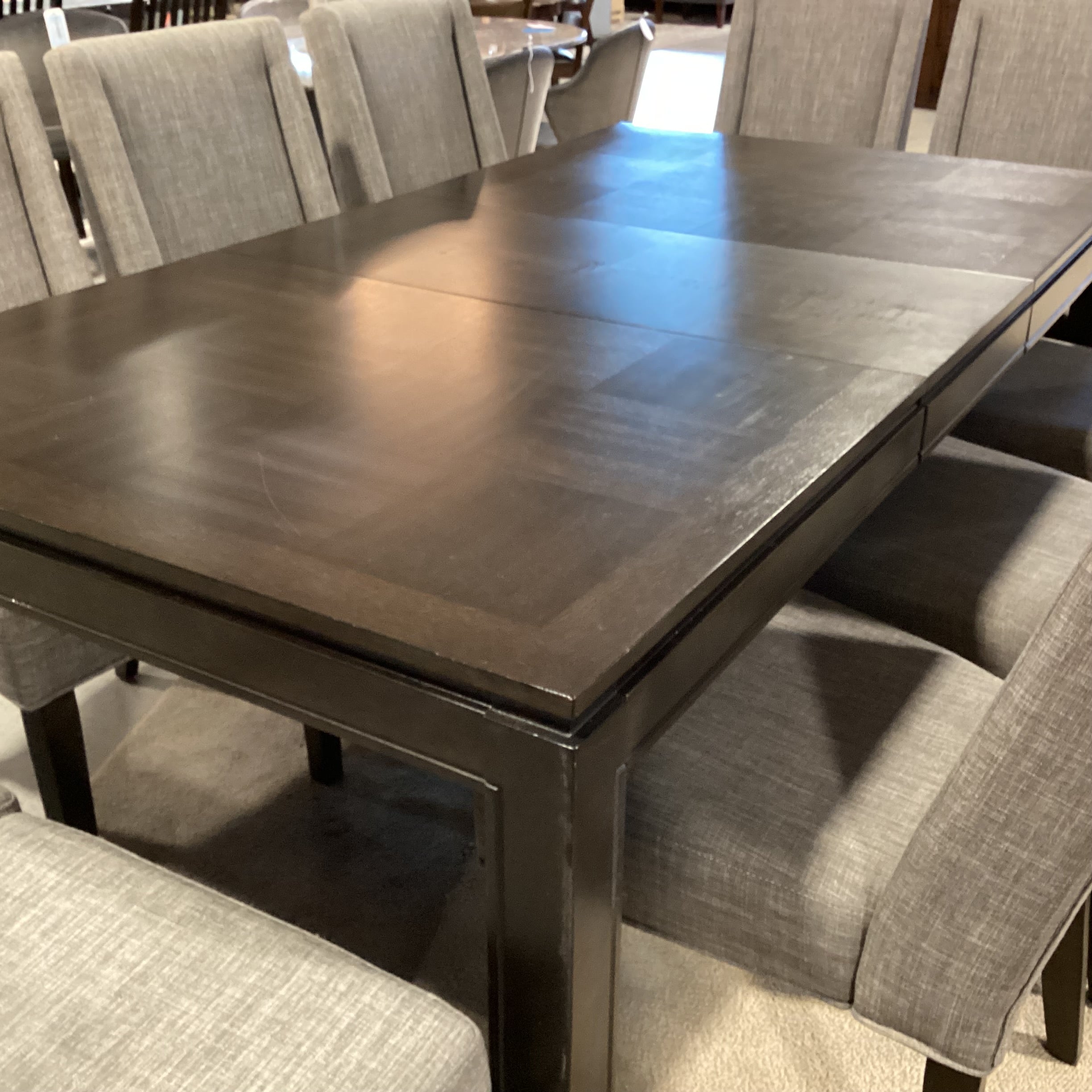 Dark Finish Wood & Veneer 1 Leaf Table & 10 Grey Woven Chairs Dining Set 78"x 42"x 30"