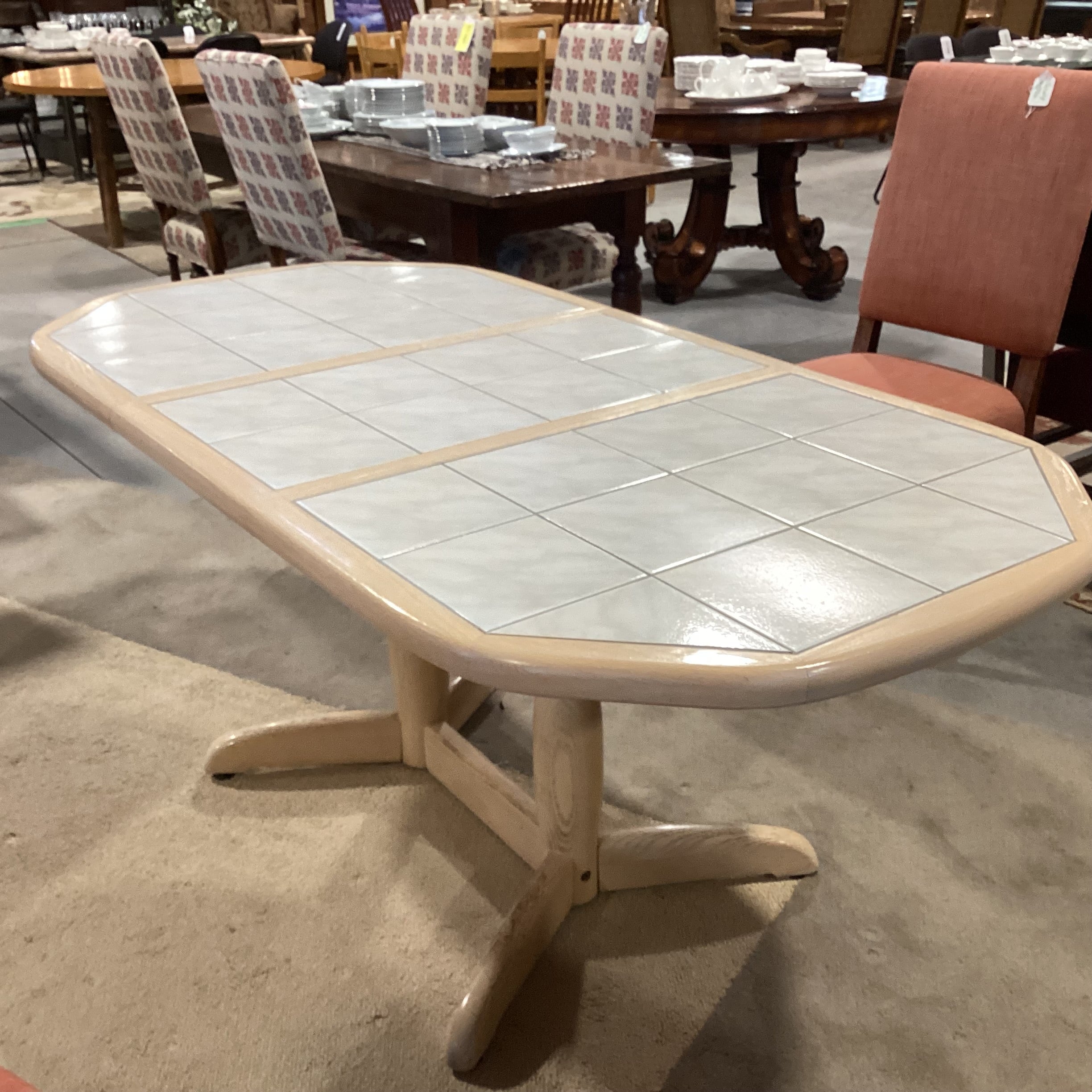 Light Washed Oak & Tile Top 1 Leaf Oval Dining Table 71"x 36"x 29"
