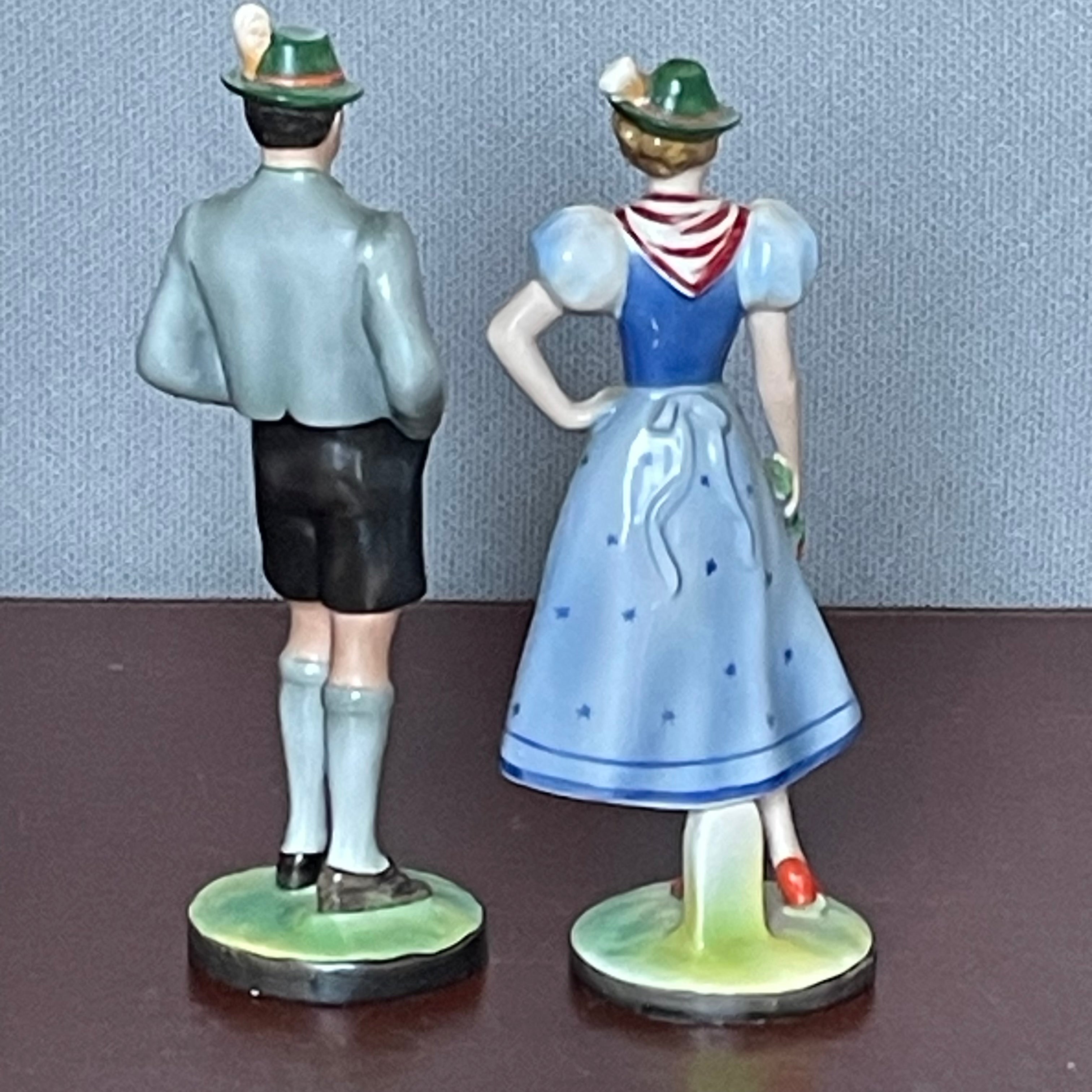 Antique Hertwig Katzhutte Porcelain Hand Painted German Man & Woman in Traditional Clothing Figurines, Pair 8.5", 8.75"
