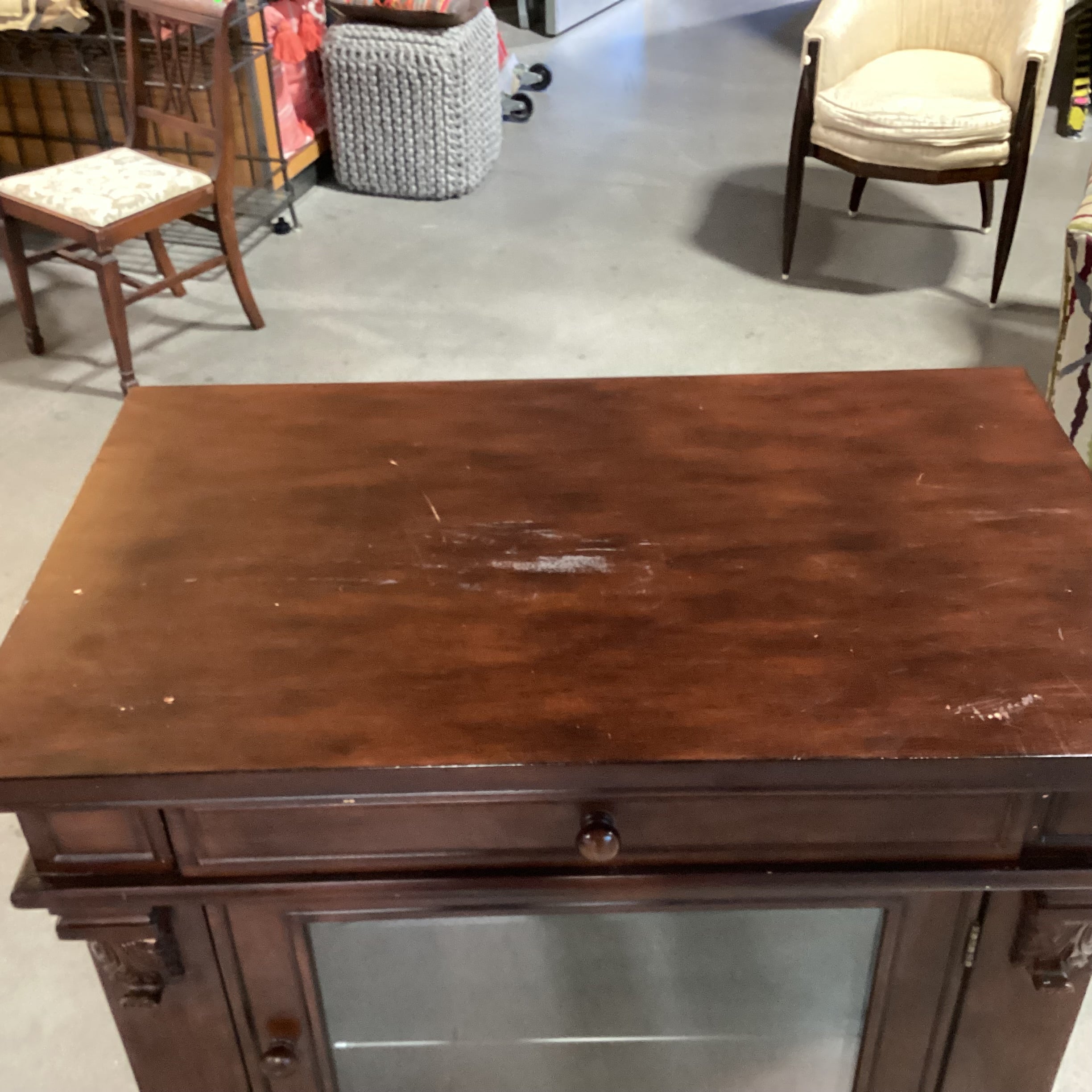 Dark Finish Carved & Glass 2 Drawer & Shelves Display Cabinet Bookcase