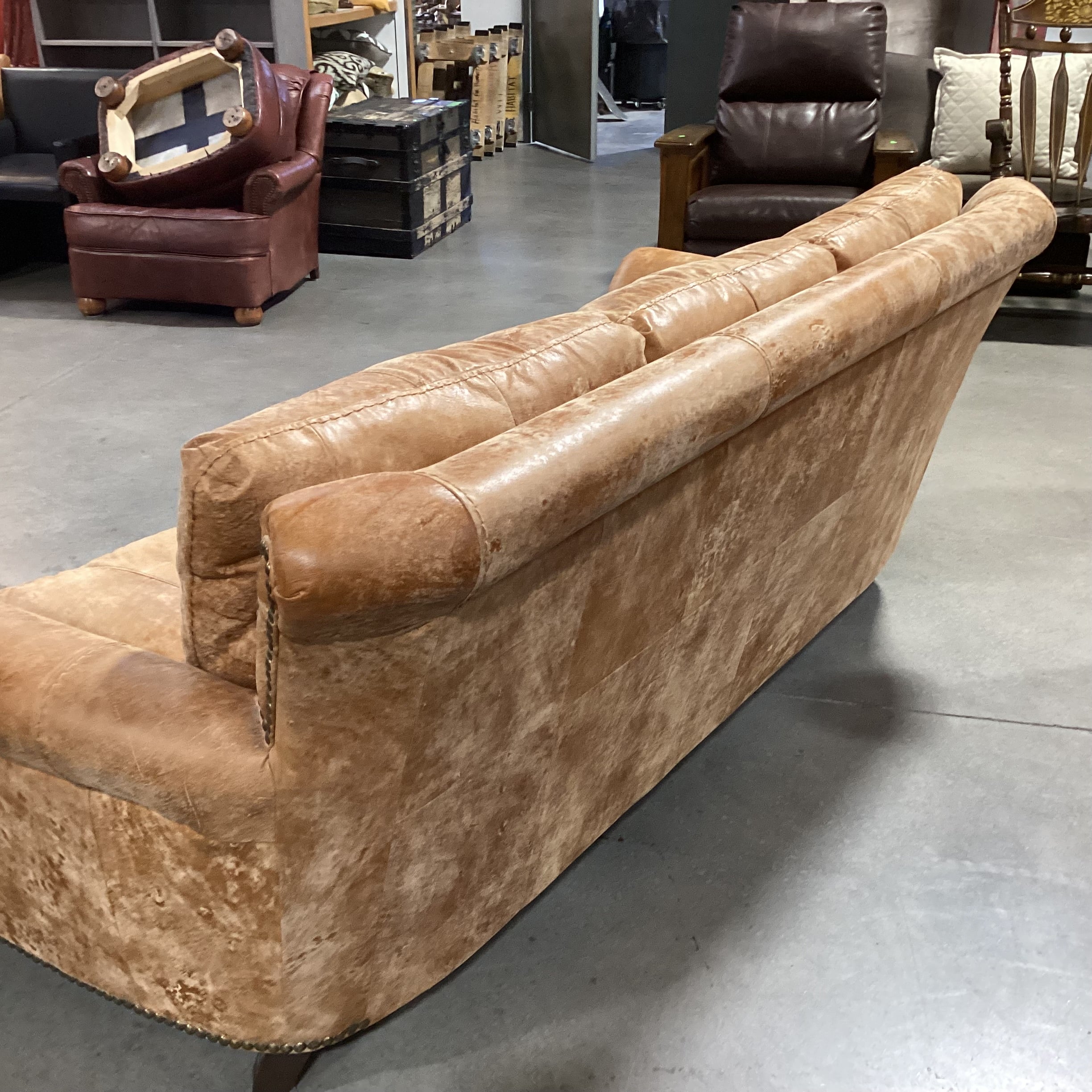 Tan Distressed Leather Nailhead with Curved Arm & Back Sofa 88"x 40"x 34"