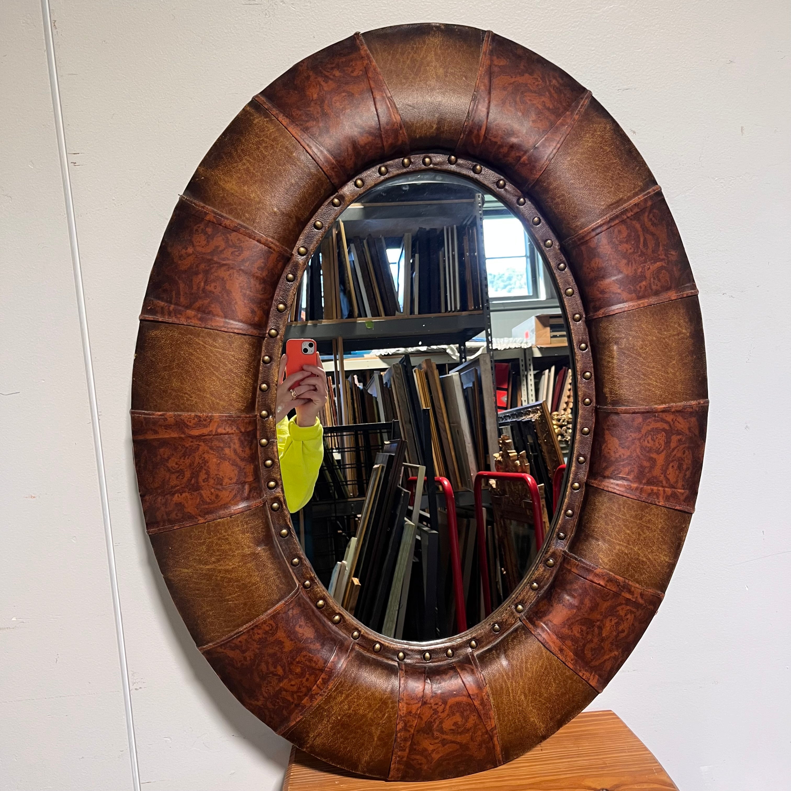 Faux Leather Oval Mirror with Stud Detailing; 26.5"x 34.5"x 2"