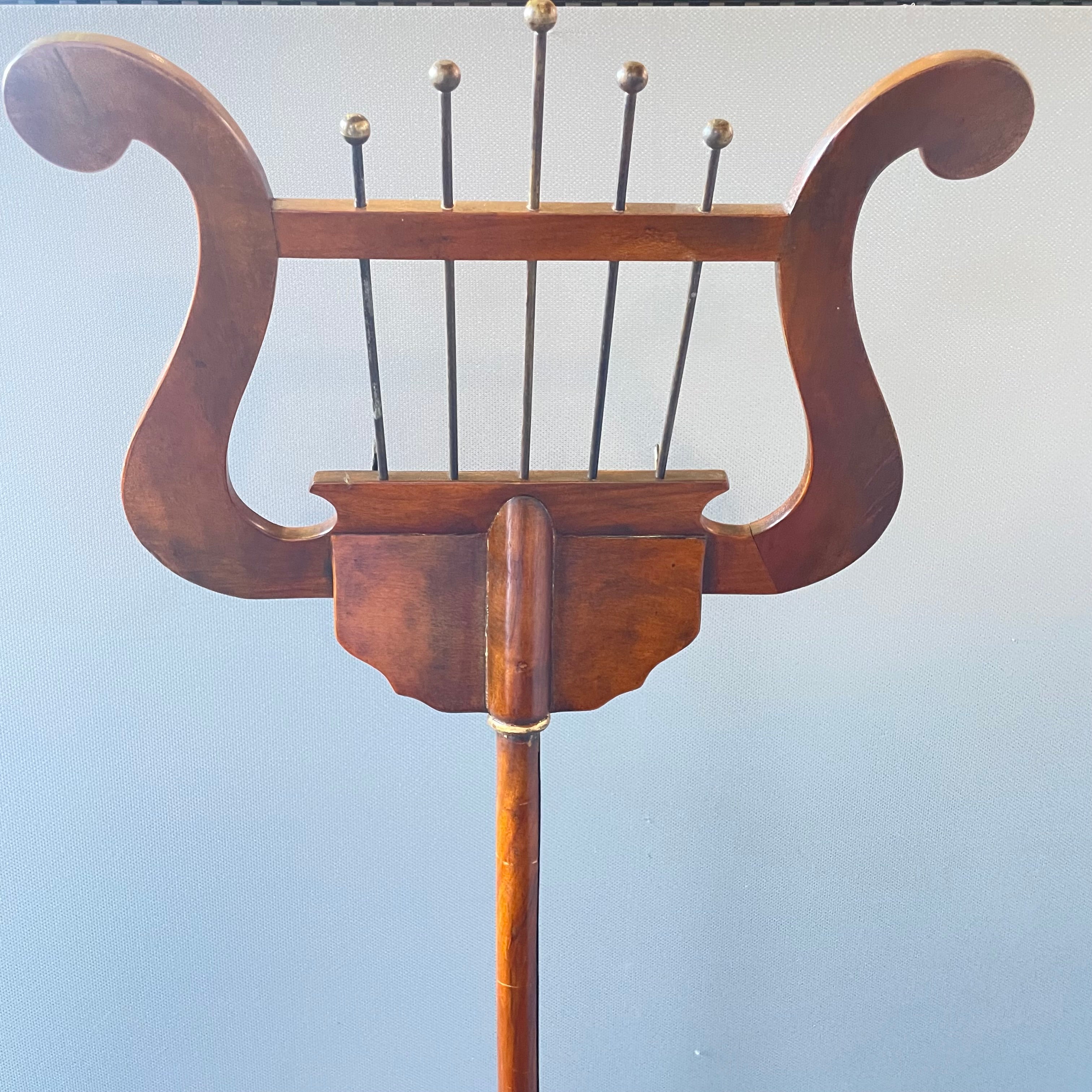 Antique Theodore Alexander Style Mahogany Harp Lyre Adjustable Music Stand, 17"x 46"