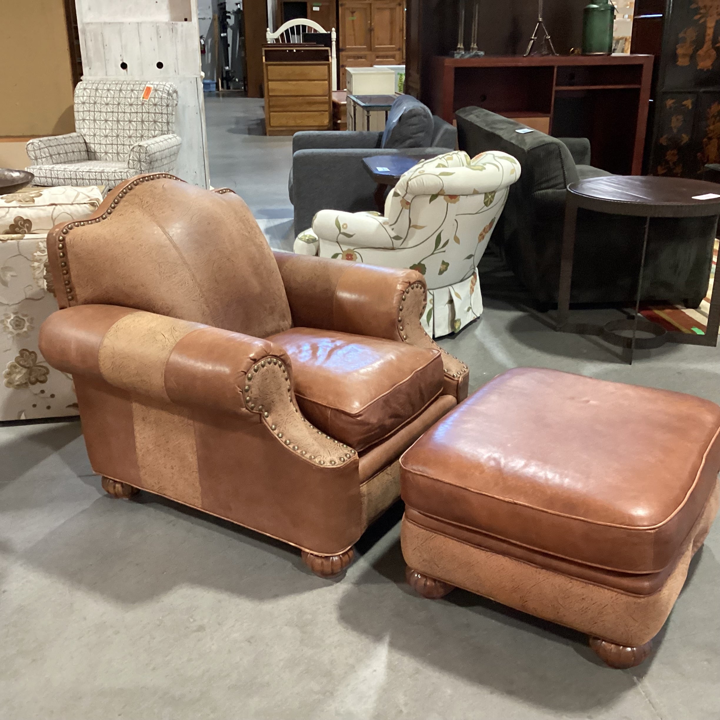 Bab Timberlake for Lexington Leather Nailhead Embossed Detail with Ottoman Chair 39"x 39"x 36"