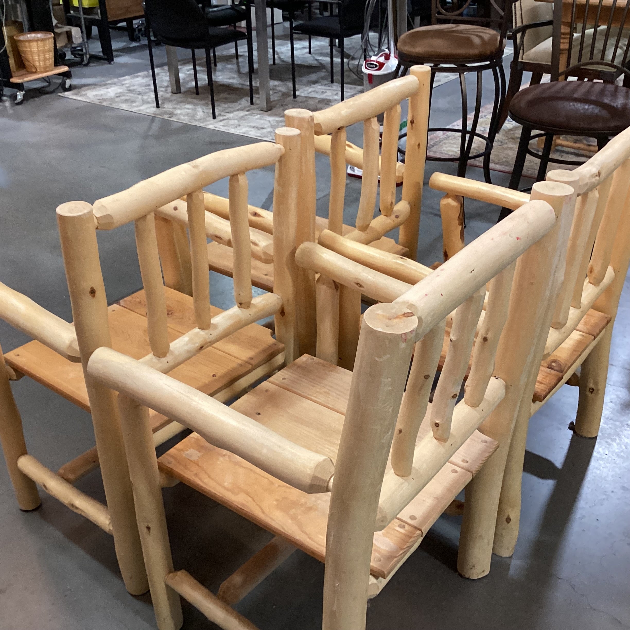 SET of 4 Natural Peeled Log with Plank Seat Armed Dining Chairs 23"x 22"x 36"