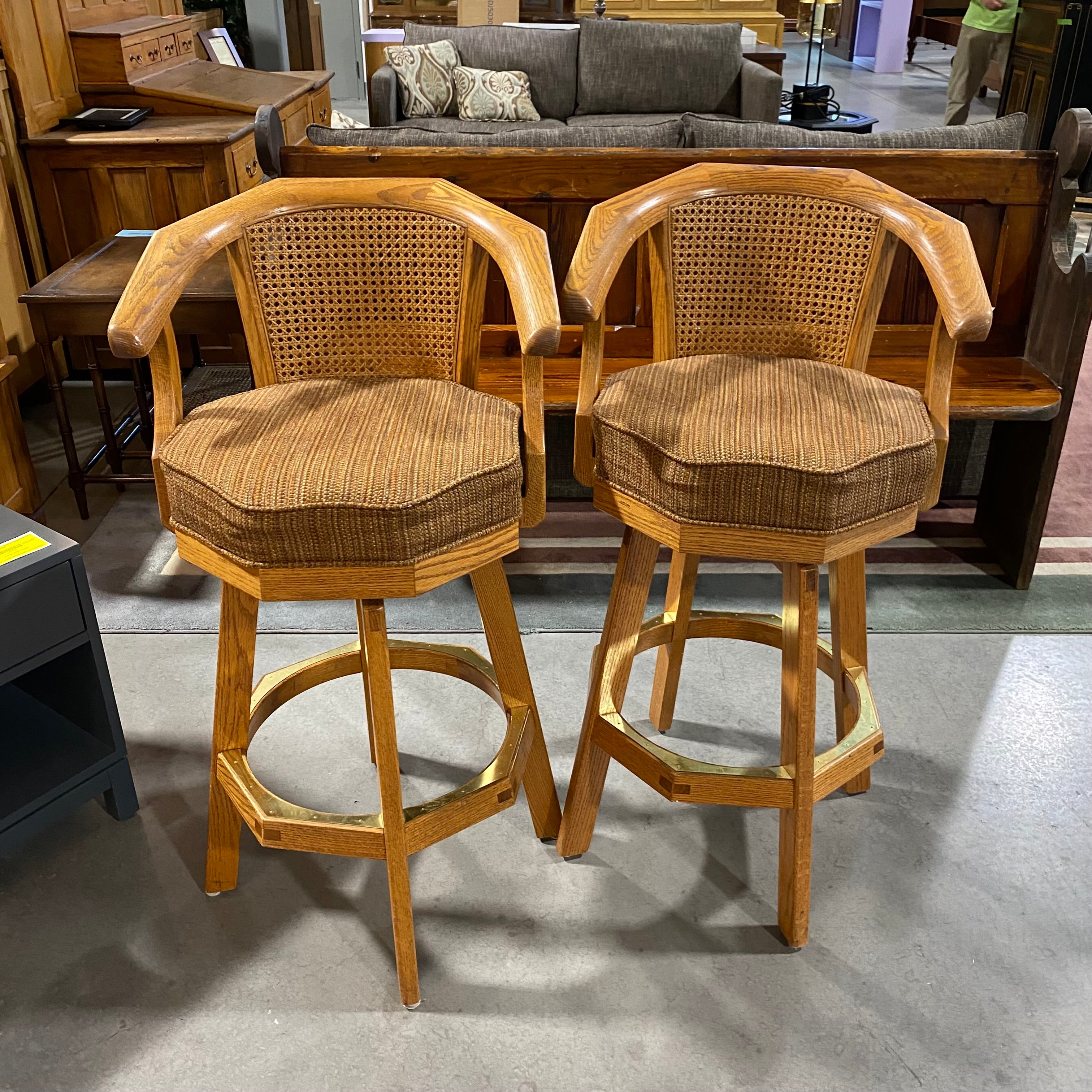 SET of 2 Solid Wood Brass Accents Rust/Gold Upholstered Seat Caned Back Bar Stools 22.5"x 21"x 40"