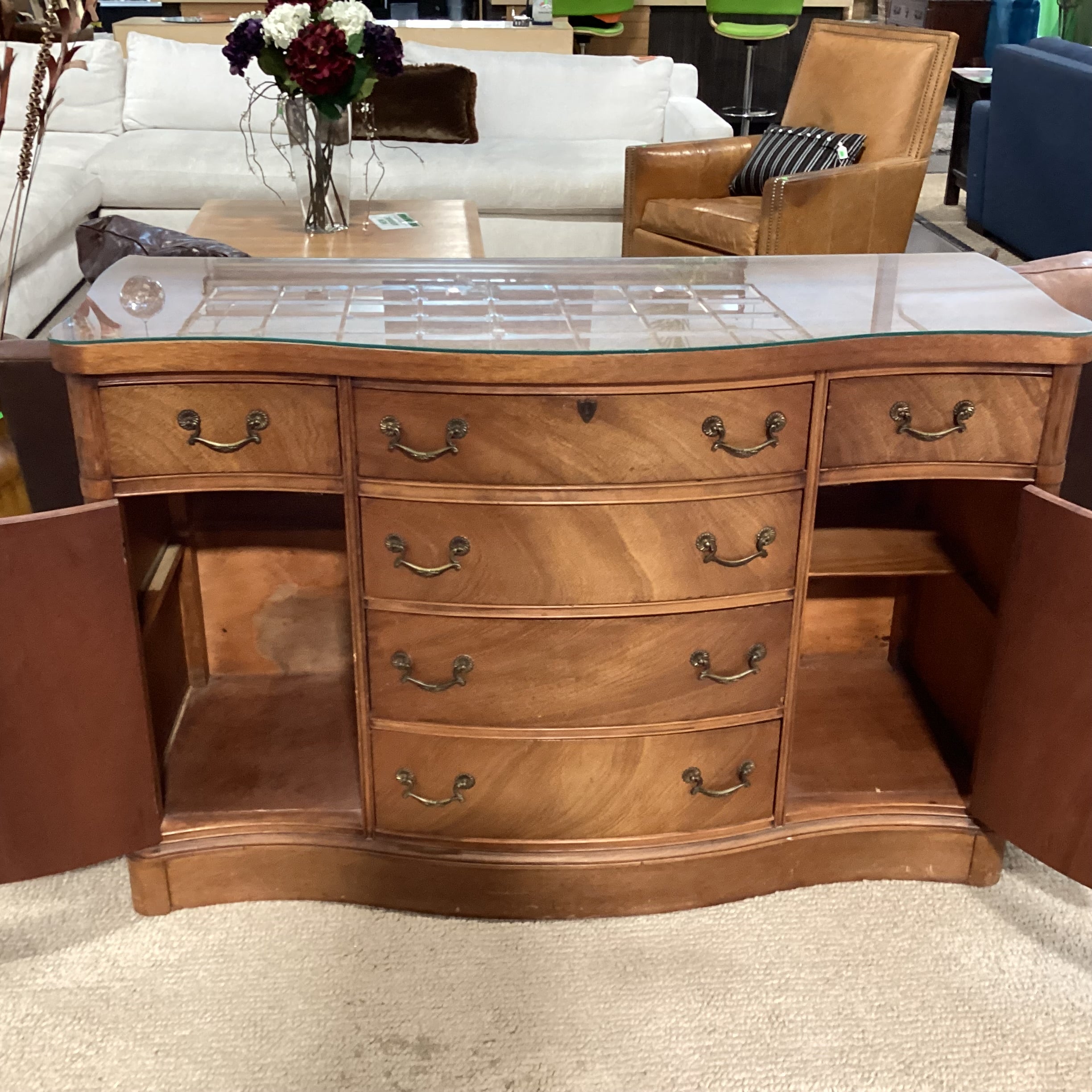 Antique Carved Wood with Molding Detail & Glass Top 2 Door 6 Drawer Sideboard 54"x 21"x 36"
