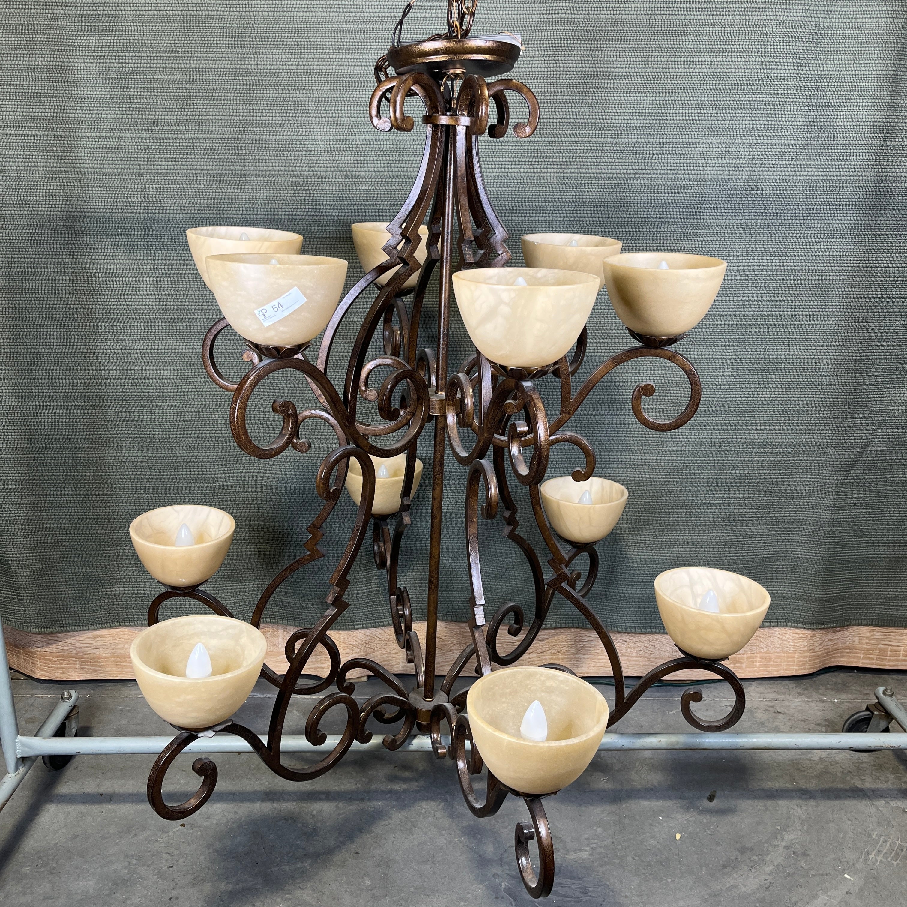 Luminaire 12-Light Tiered Bronze Crackle with Alabaster Shades Chandelier 46” Diameter x 45” - 70”