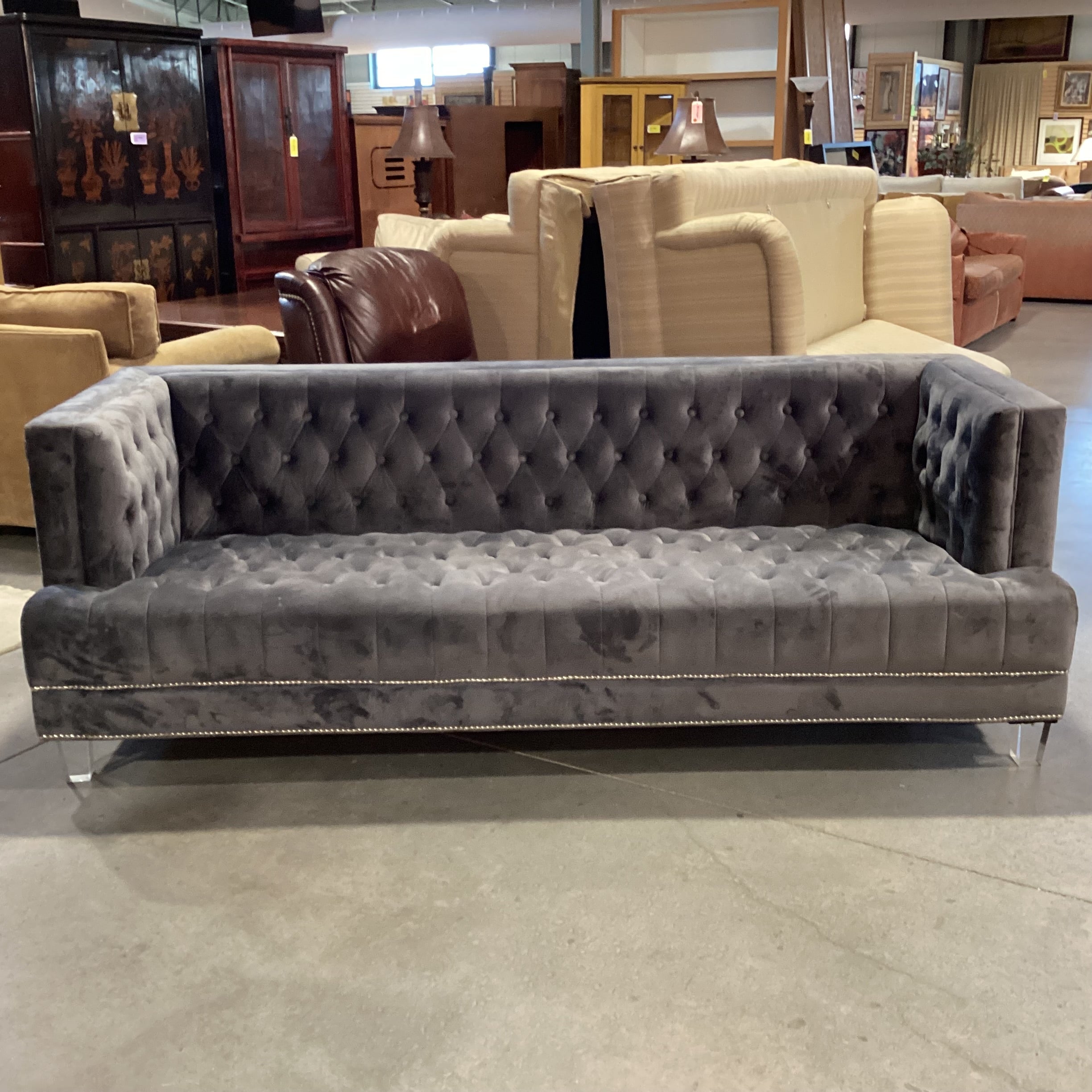 Grey Button Tufted Velvet with Nailhead & Acrylic Feet Sofa 88"x 36"x 31"