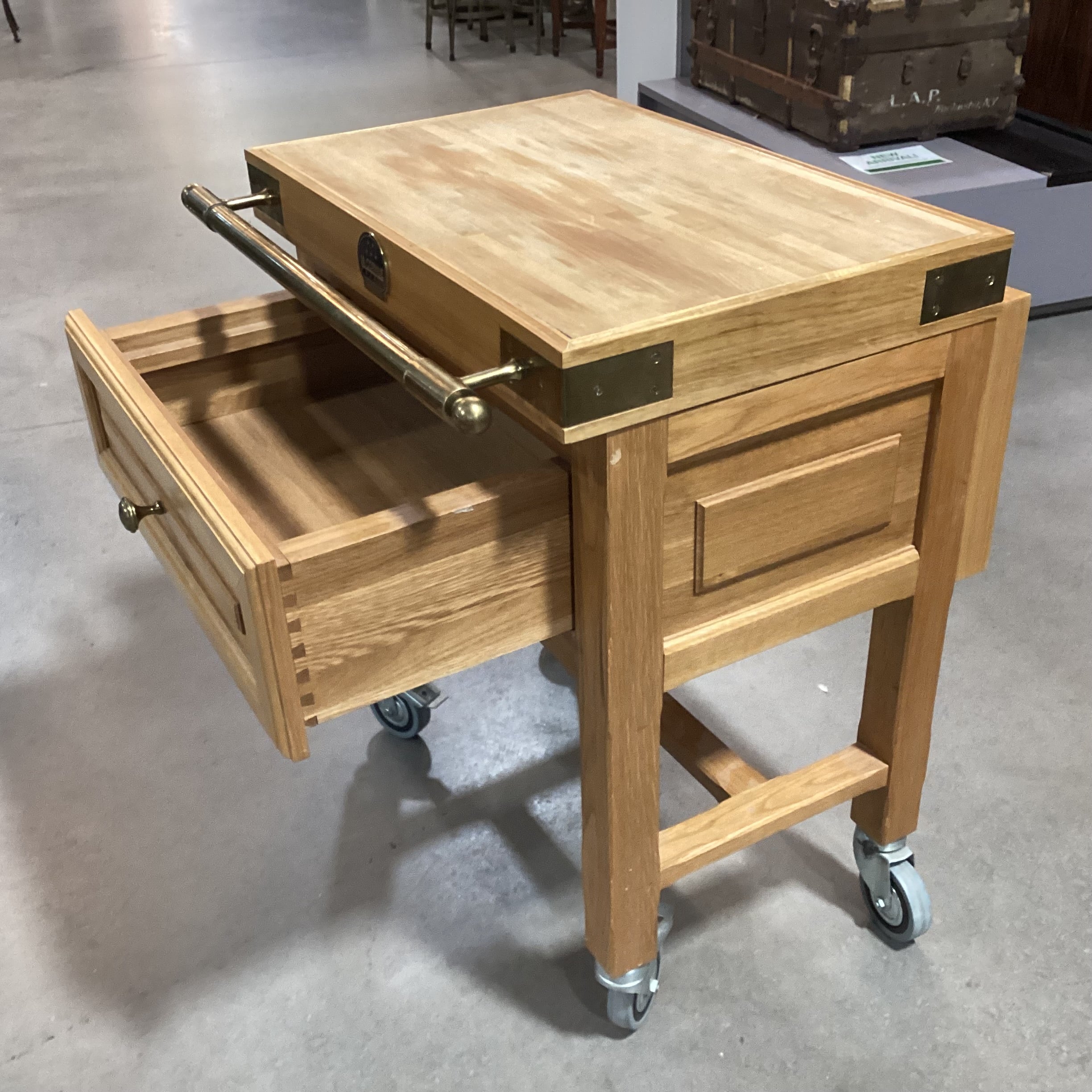 La Cornue Butcher Block & Brass on Casters 1 Drawer Cutting Board Island Buffet 28"x 25"x 32.5"