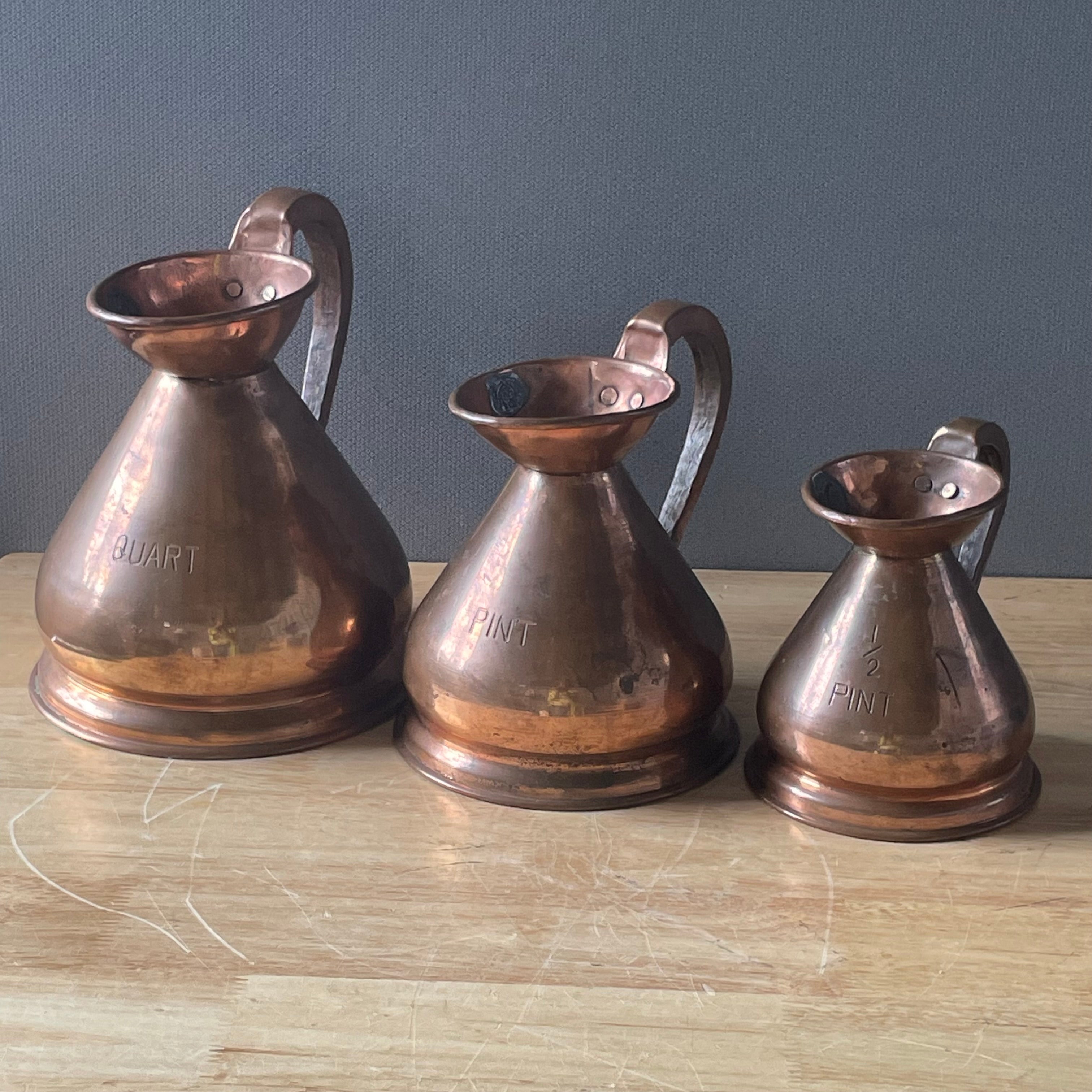 Set of 3 Antique Historical Queen Victoria (VR) Stamped Copper Haystack Measures