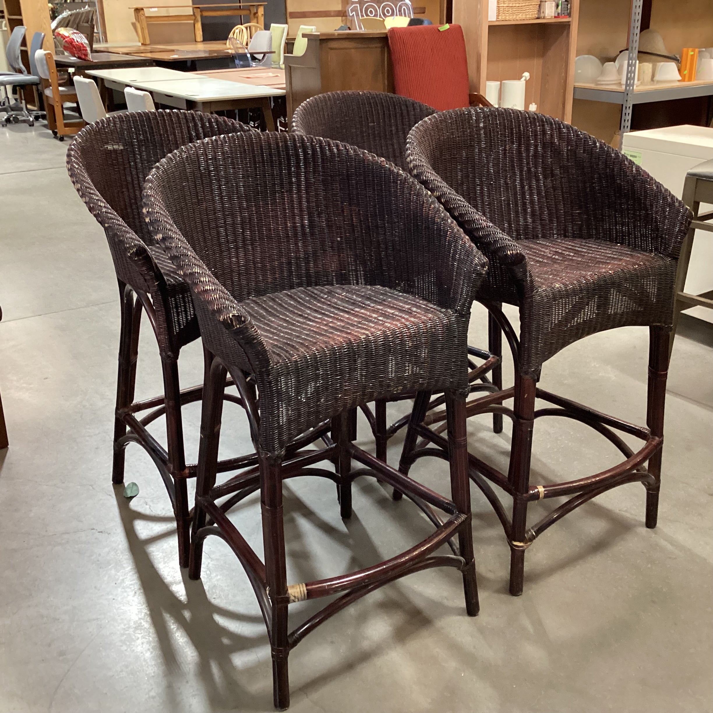 Set of 4 Wicker & Bamboo Dark Finish Barstools 29.5"