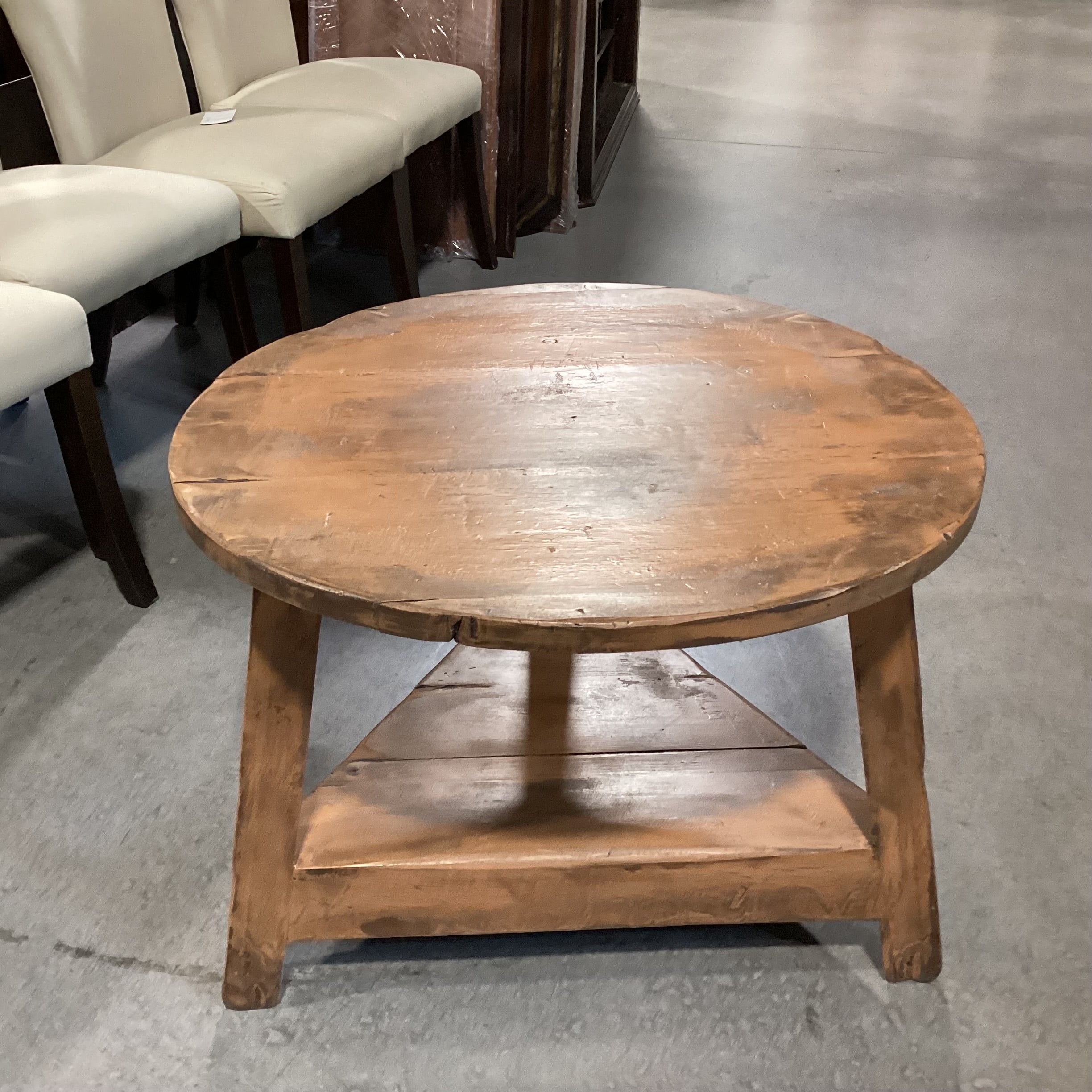 Distressed Antiqued Finish Round Tri-Leg with Shelf End Table 29.5" Diameter x 22.5"
