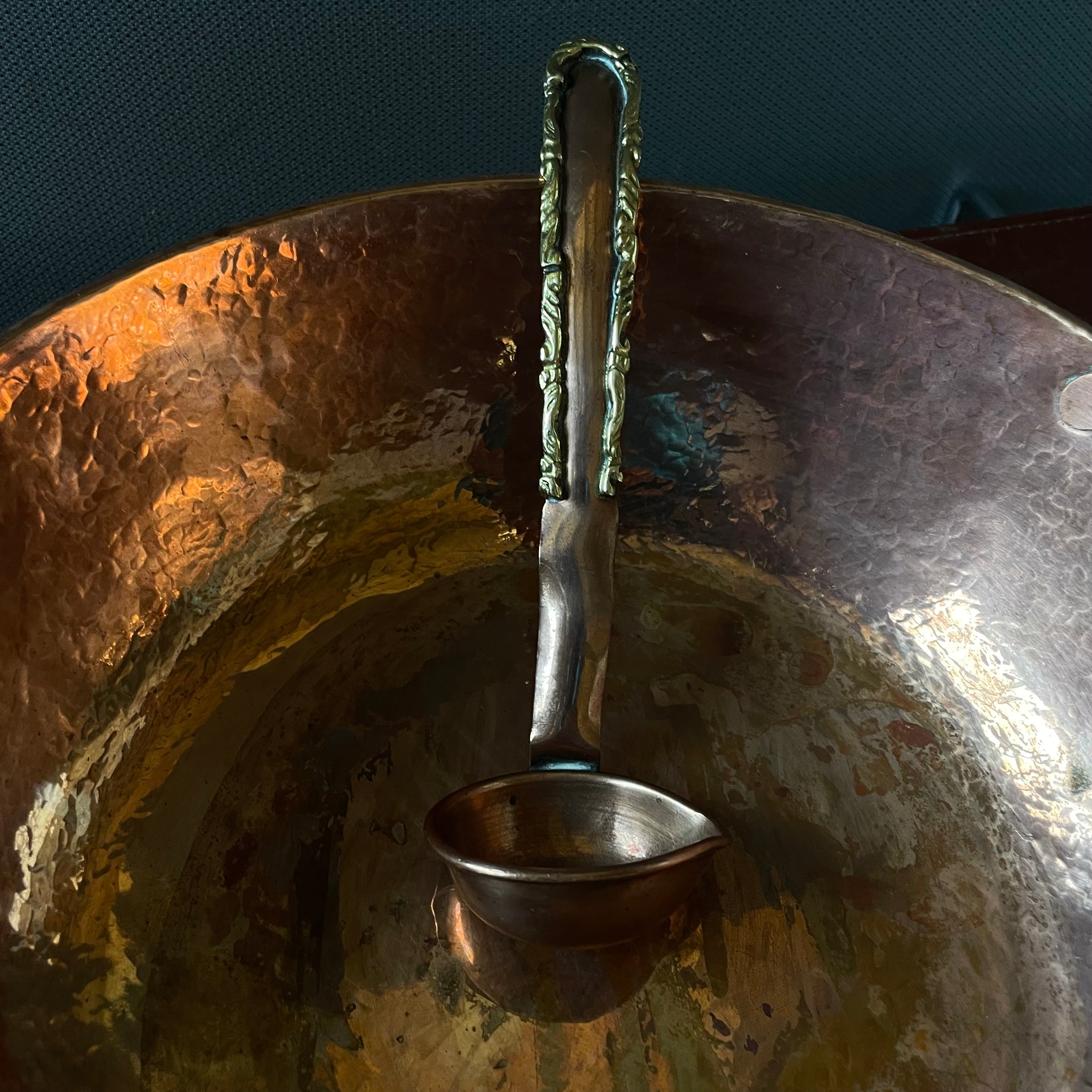 Set of 2 Handcrafted Hammered Solid Copper Bowl with Handles and Ladle