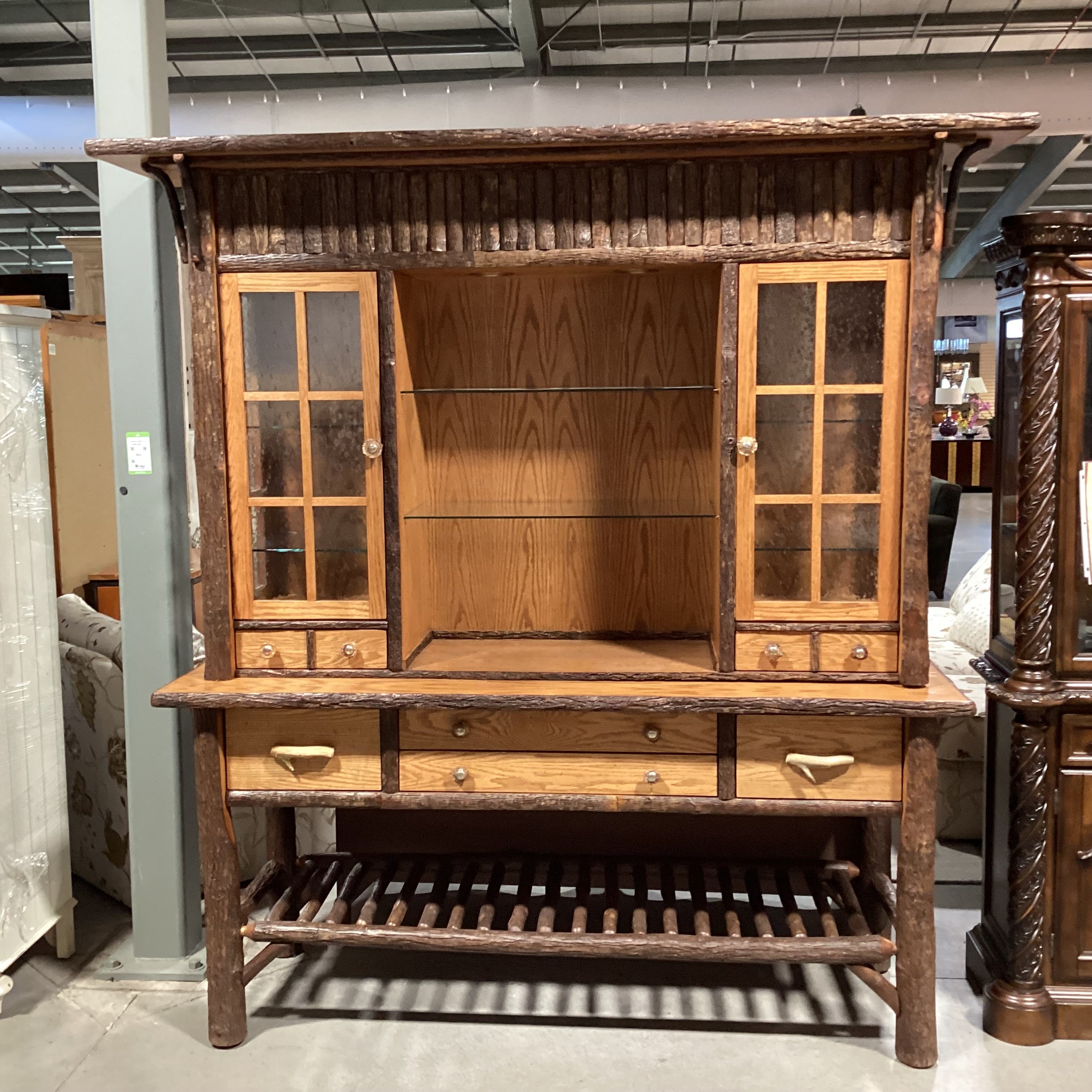 Old Hickory Lodge Craft Big Ranch Hickory Log Oak & Veneers Antler Style Pulls 2 Piece China Hutch 82"x 25.5"x 85"