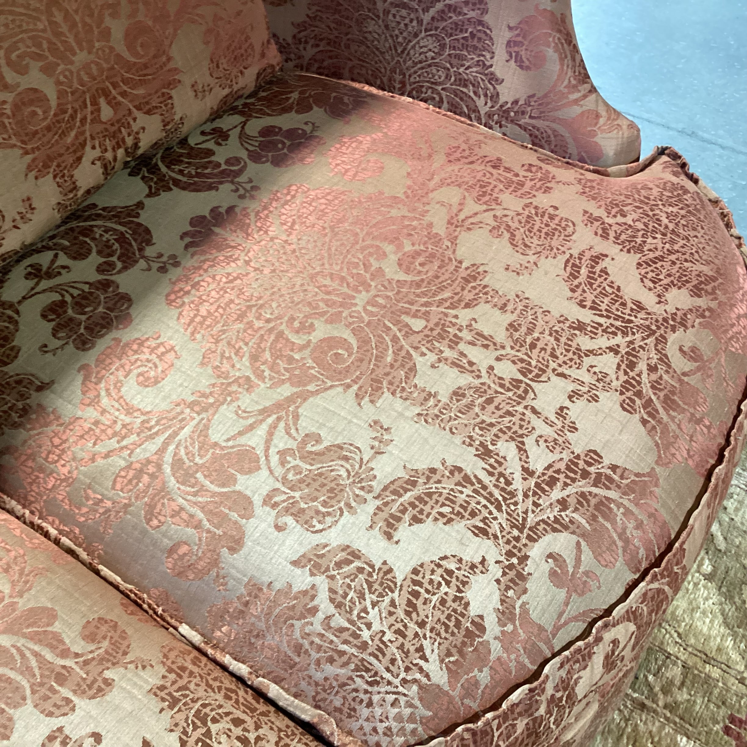 Custom Golden Burnt Orange Ornate Silky Metallic Floral Down Mix Curved Sofa 101"x 44"x 32"