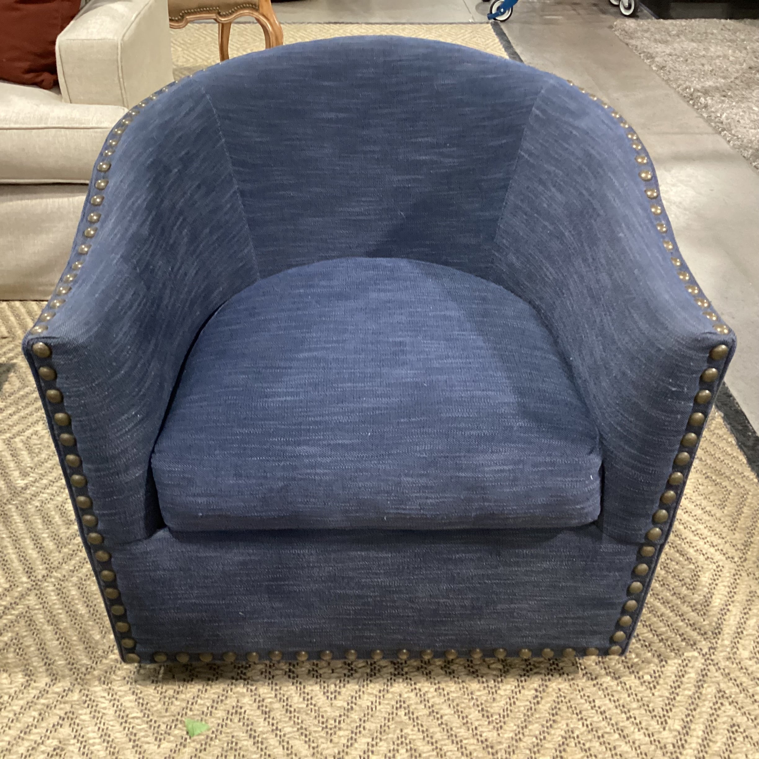 Bauhaus Furniture Woven Denim Look & Nailhead Barrel Swivel Chair 32"x 34"x 30"