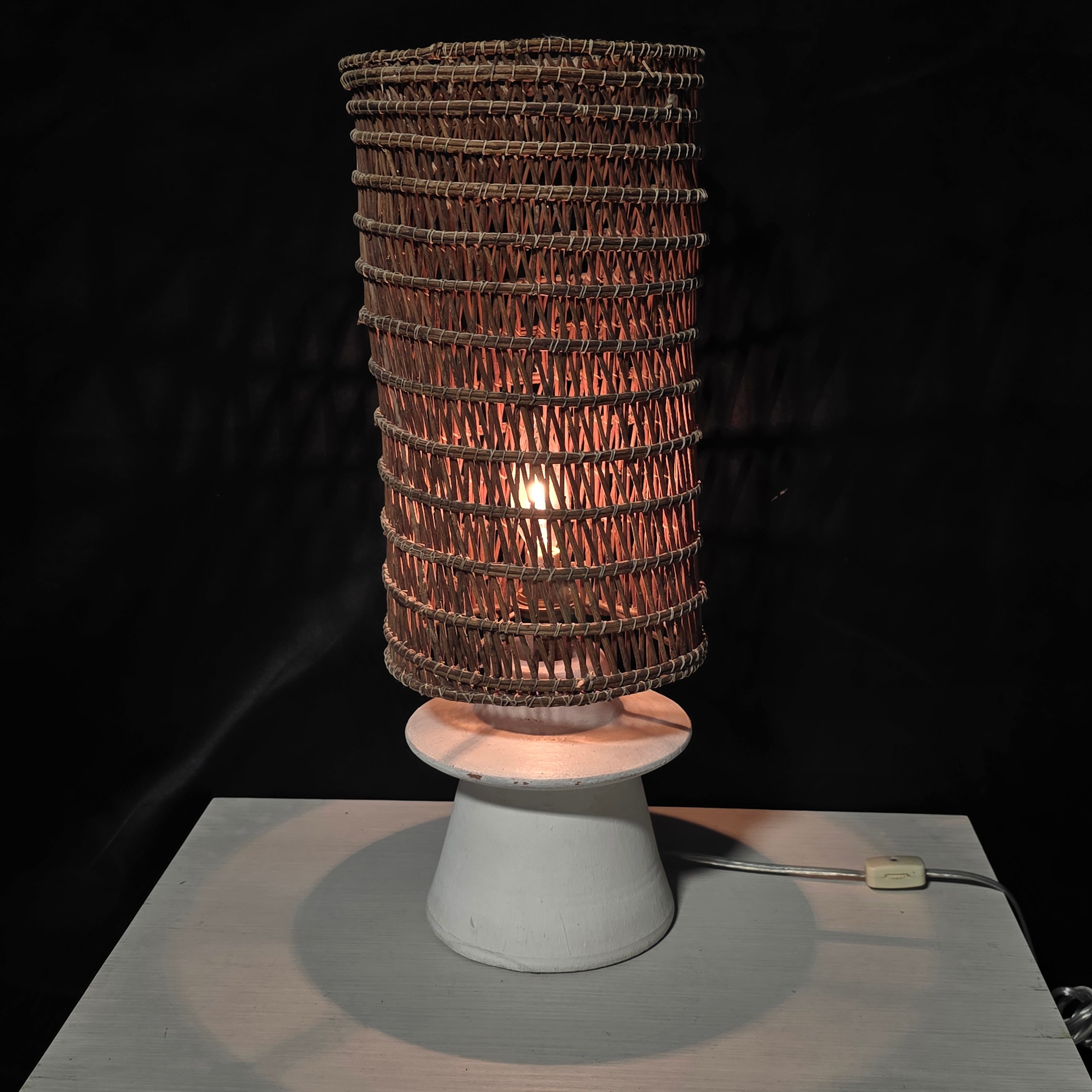 Vintage Terracotta Table Lamp with Handwoven Shade 6"Dx19"
