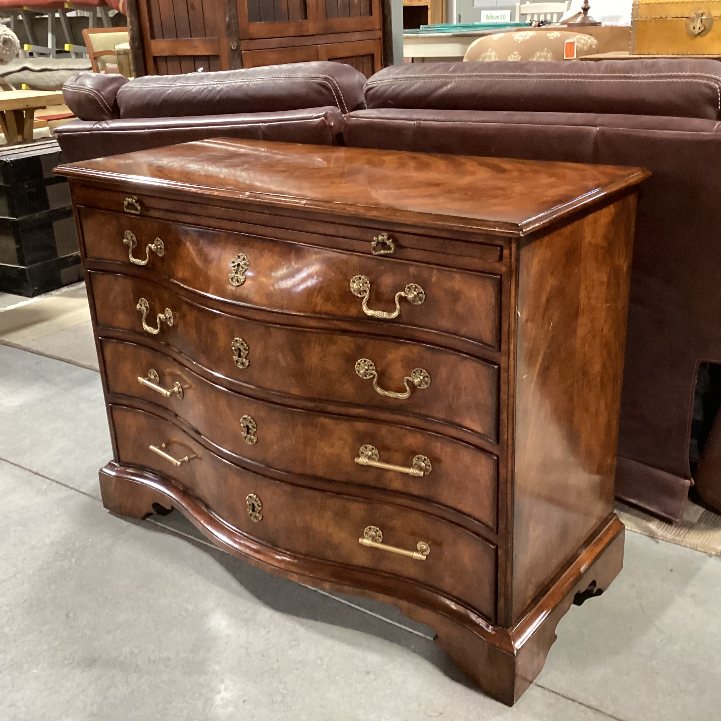 Theodore Alexander Flamed Mahogany Veneer & Carved Wood Ornate Brass Accent with Leather Top Pullout 4 Drawer Chest 42.5"x 18.5"x 32"