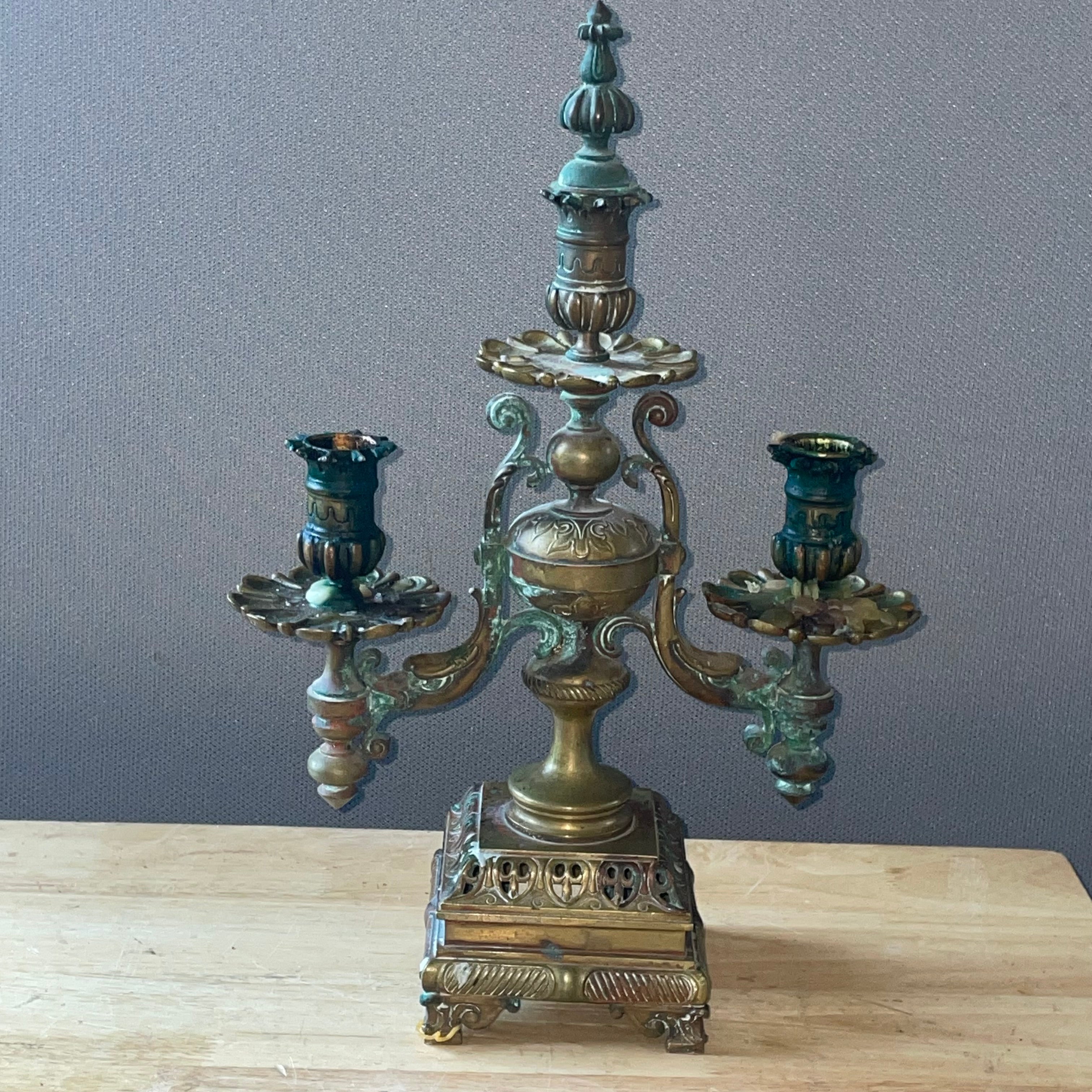 Antique French Empire Style Elaborate Brass/Bronze Candelabras, Pair, 10.25"x 4.25"x 15"