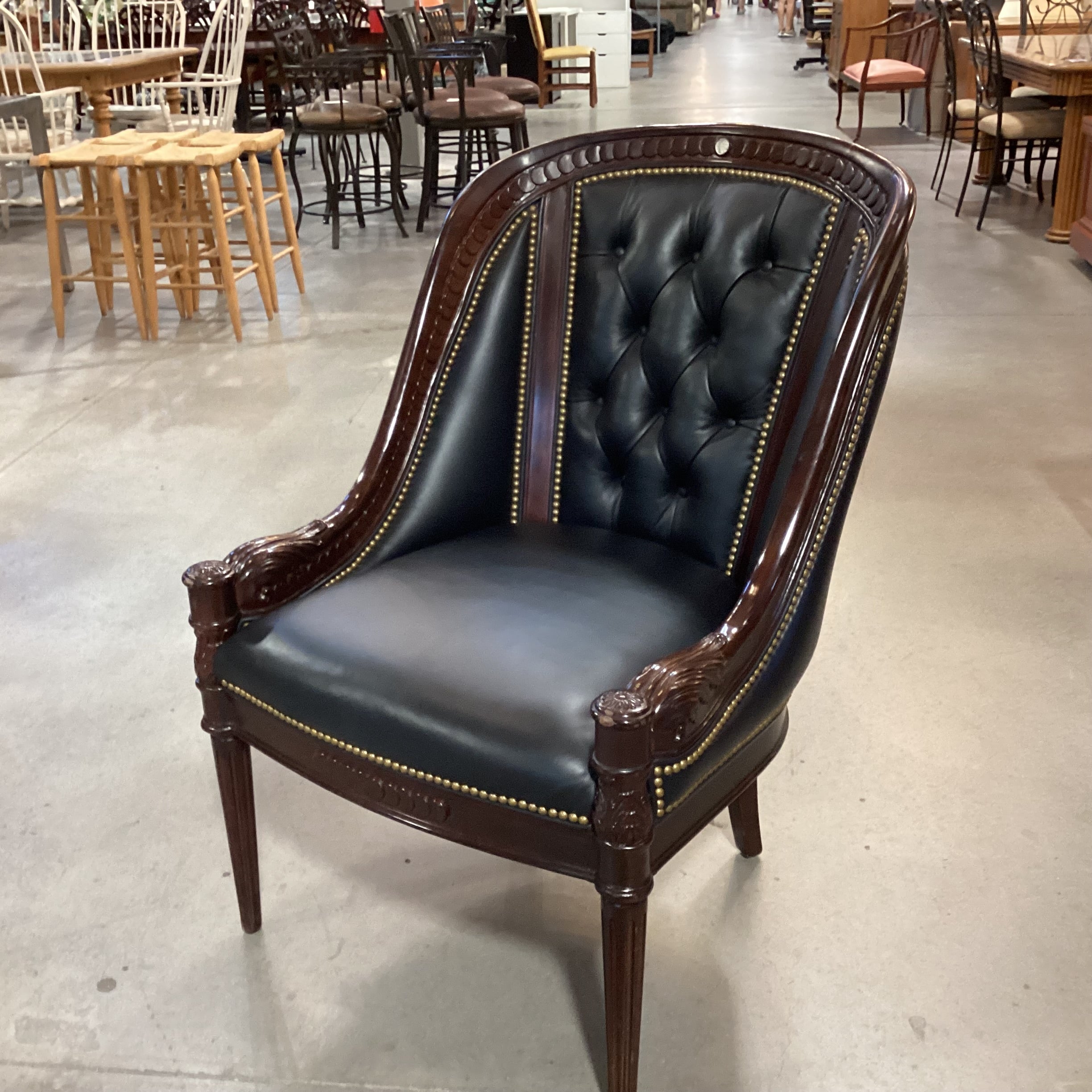 Hancock & Moore Ornate Carved Mahogany Finish Wood Black Leather Tufted Nailhead Chair 27"x 32"x 39"