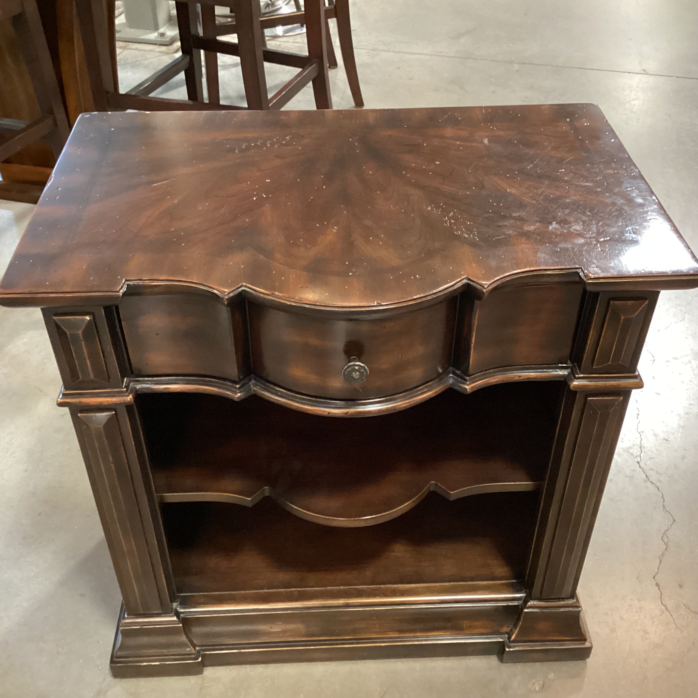 Artistica Dark Finish Serpentine Shape Carved Wood 1 Drawer with Shelves Nightstand 30"x 19"x 30"