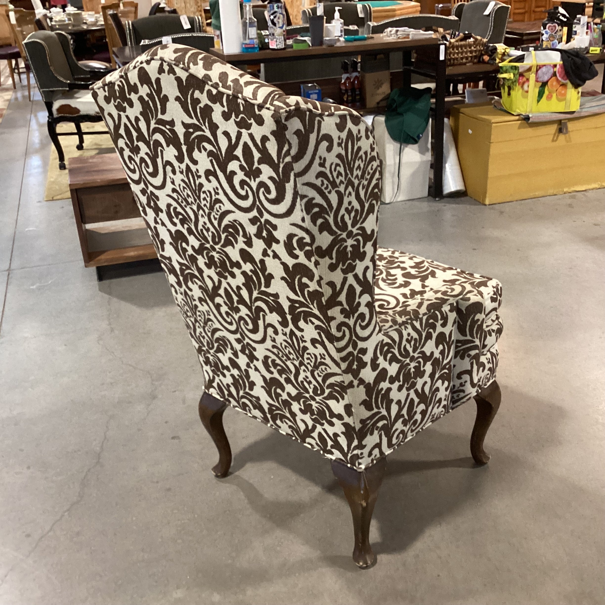 Custom Cream Brown Scroll Floral with Carved Legs Highback Wing Chair 30"x 30"x 50"