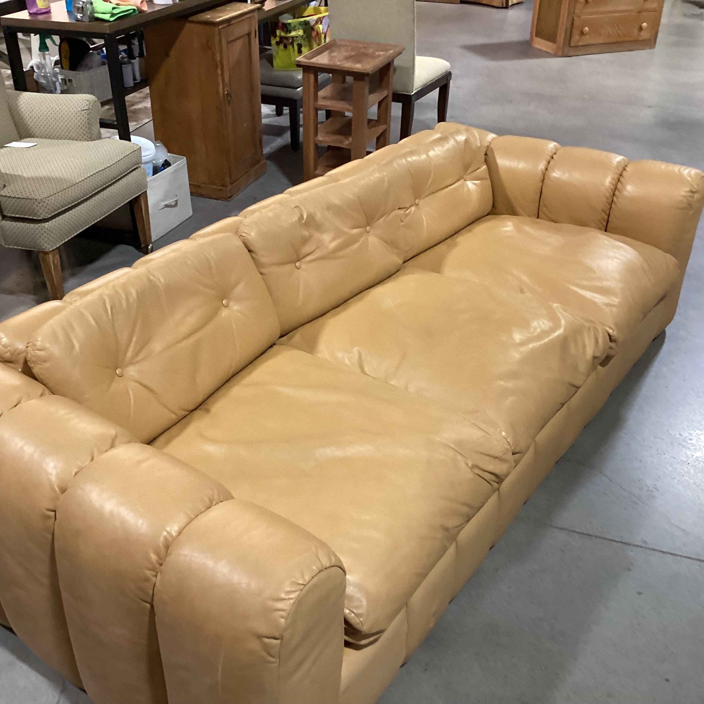 Interior Crafts Chicago Vintage Tan Leather Channel Ribbed Tufted Sofa 98"x 42"x 26"