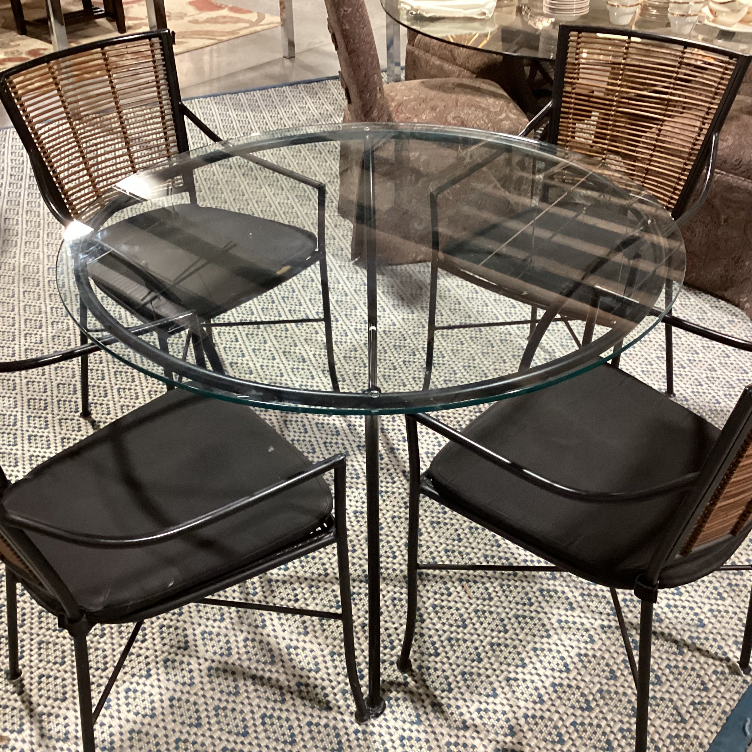 Round Iron & Glass Table with 4 Iron & Bamboo Chairs Dining Set 42" Diameter x 29.5"