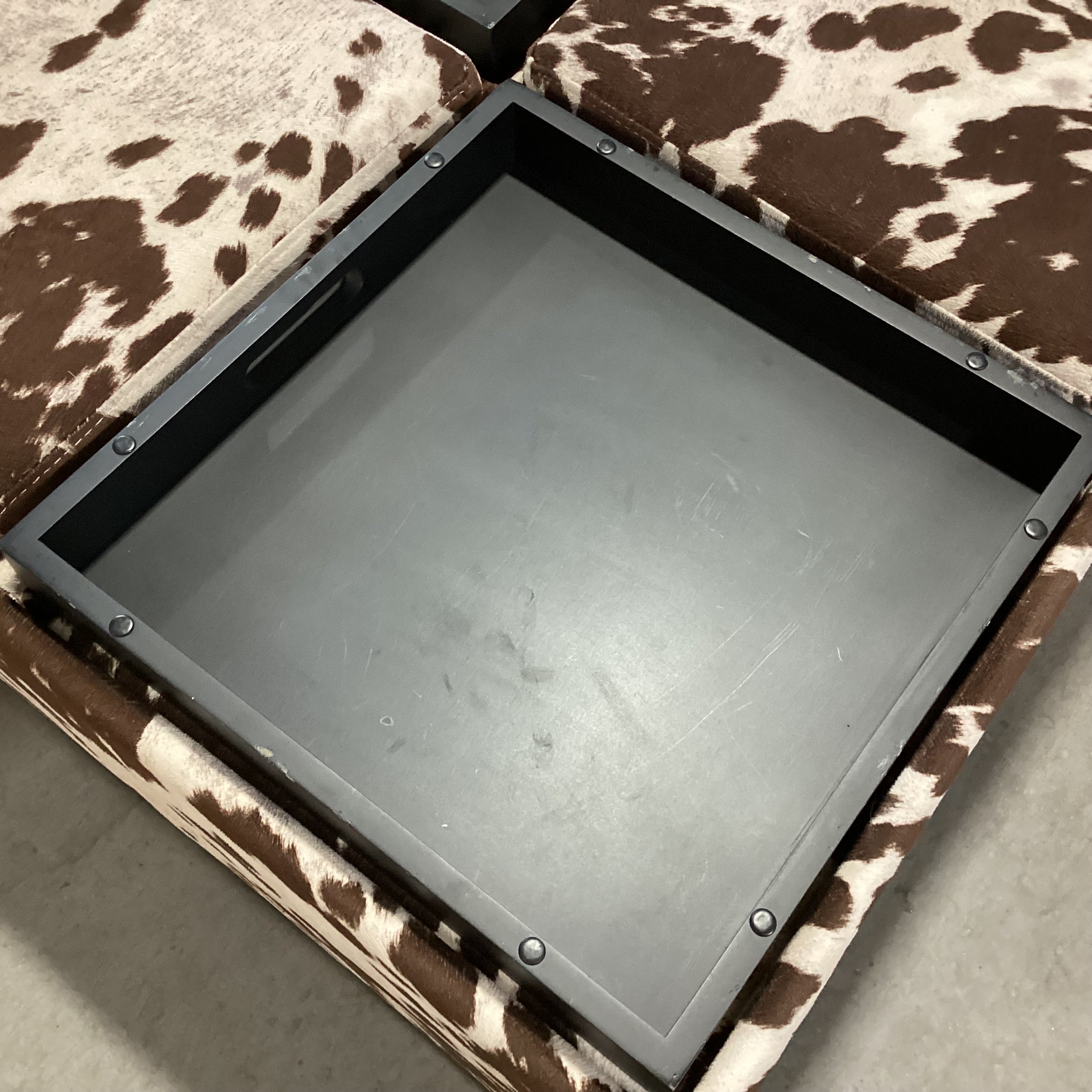 Faux Cowhide 4 Section Storage with Flip Top Tray Cocktail Ottoman 36"x 36"x 16"