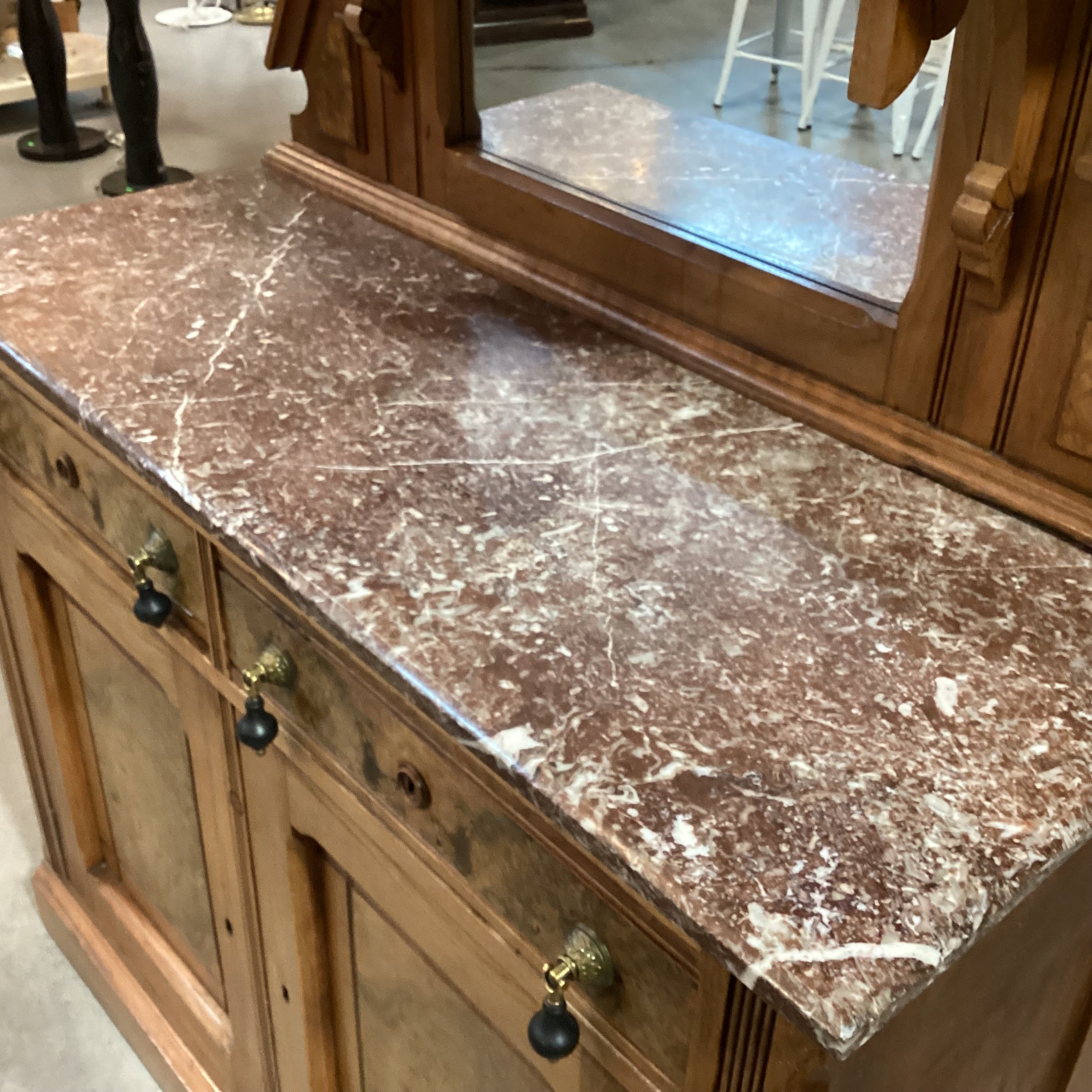 Antique Eastlake Style Carved Wood & Burl Veneer Marble Top with Mirror & Shelves 2 Piece Sideboard 46"x 19"x 85"