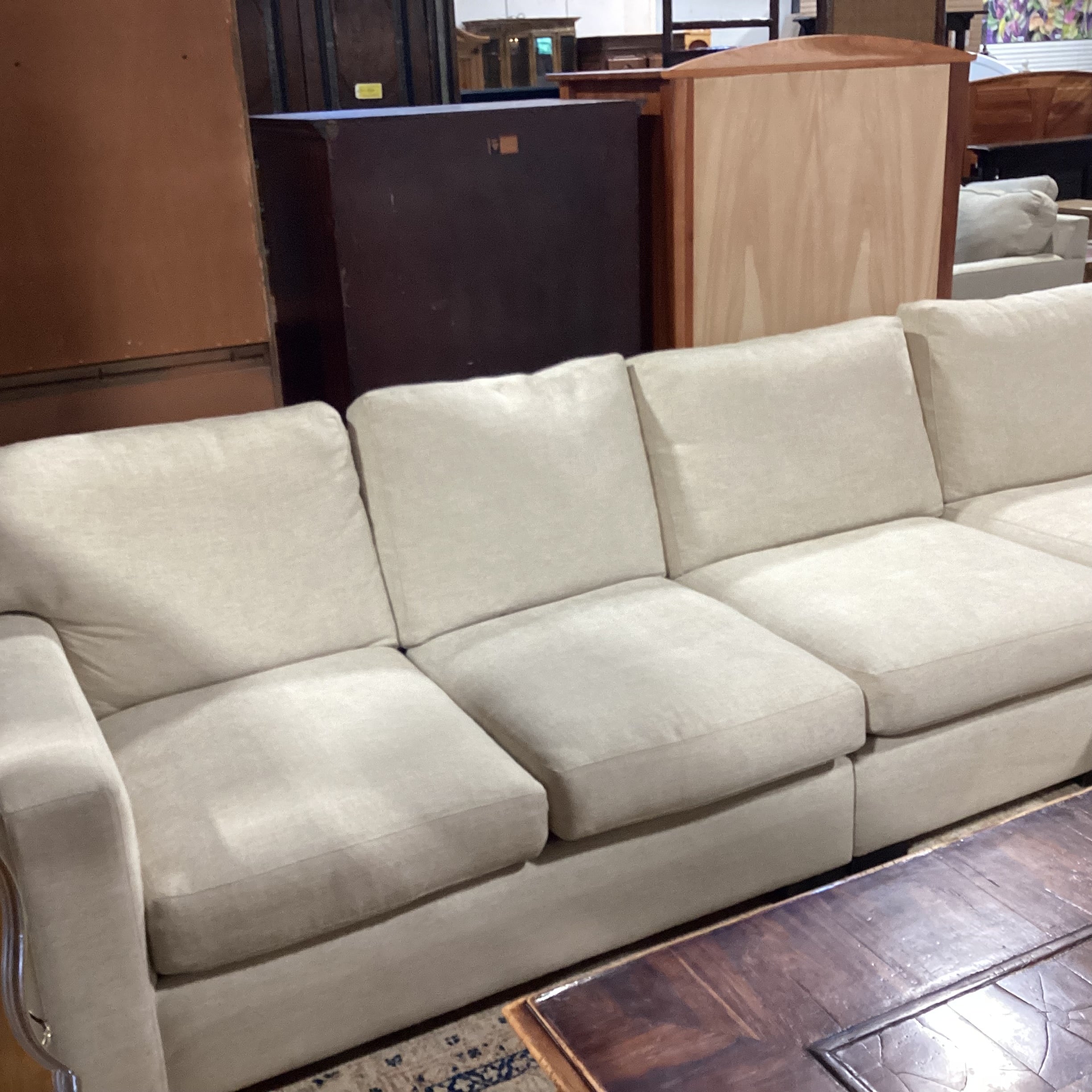 Custom Cream Heather Woven Track Arm 3 Piece with Chaise Sectional 126"x 66"x 42"x 32"