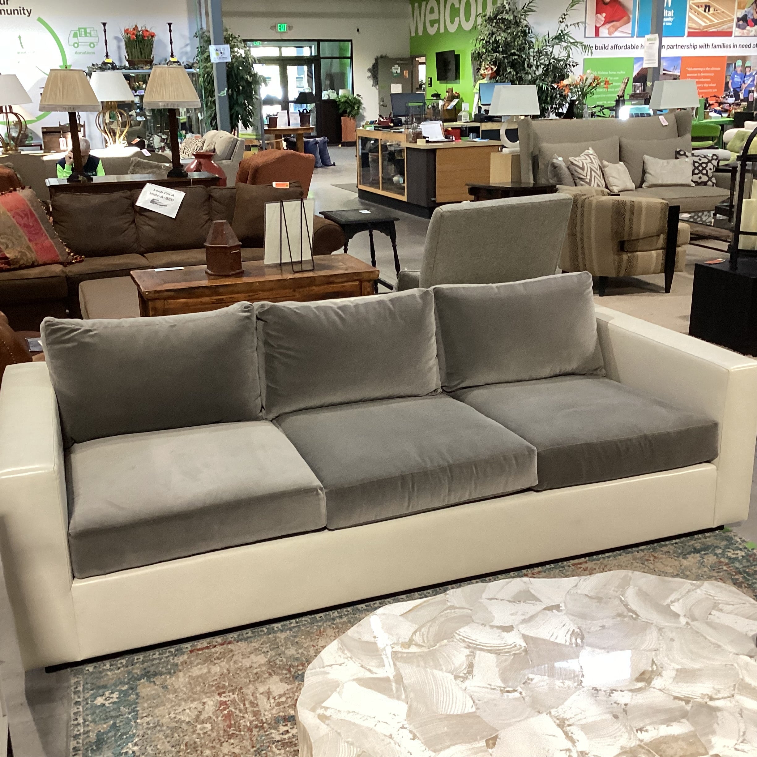 Custom Grey Velvet & Cream Leather Track Arm Down Mix Sofa 96"x 42"x 30"