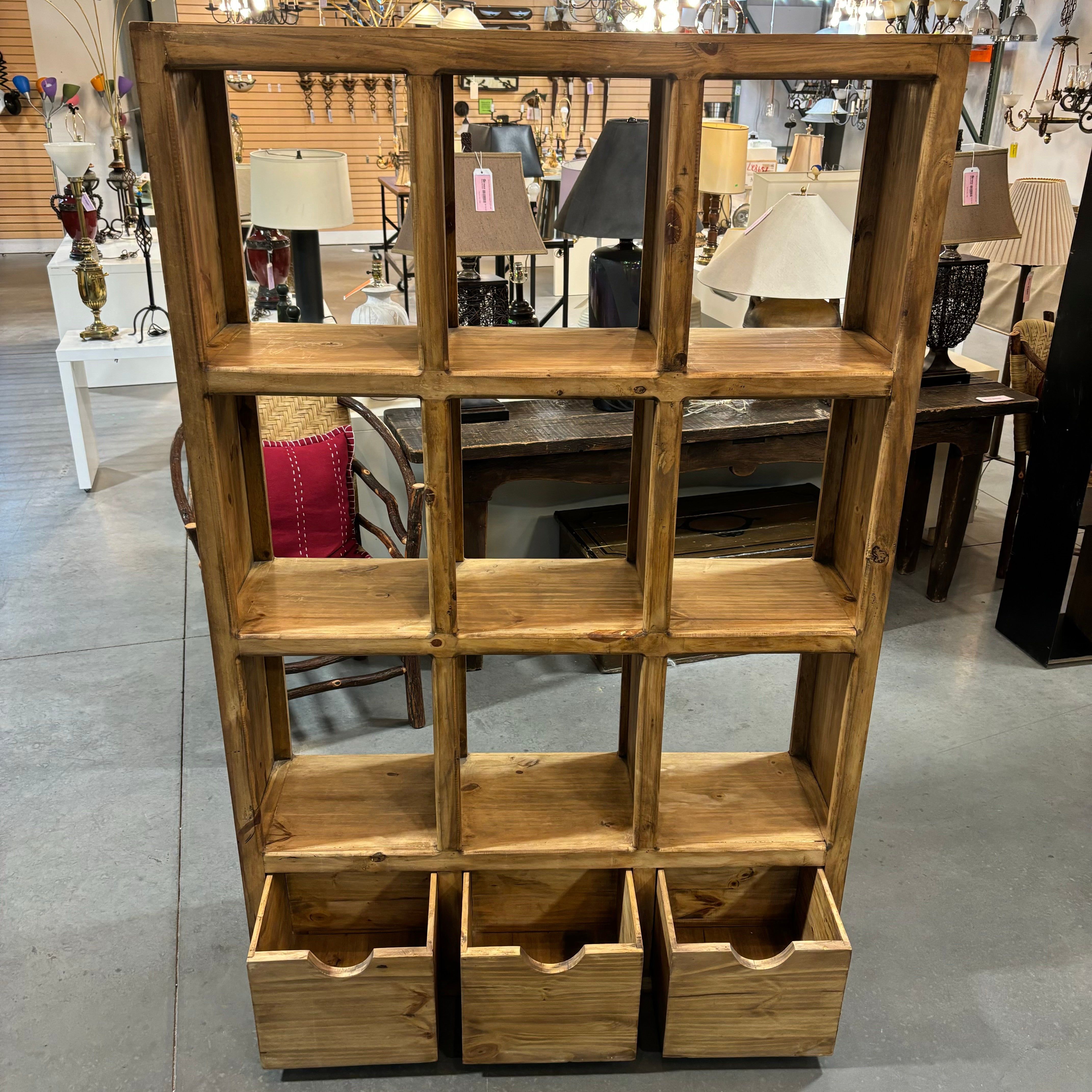 Natural Style Solid Pine 9 Cubby with 3 Drawers Bookcase 49"x 14"x 75"