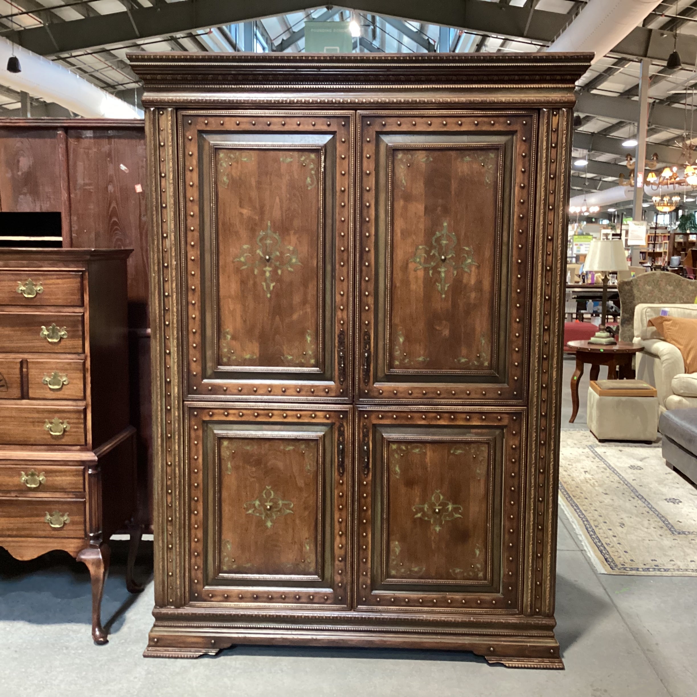 Carved Detail with Nailhead & Painted Design 4 Door Armoire