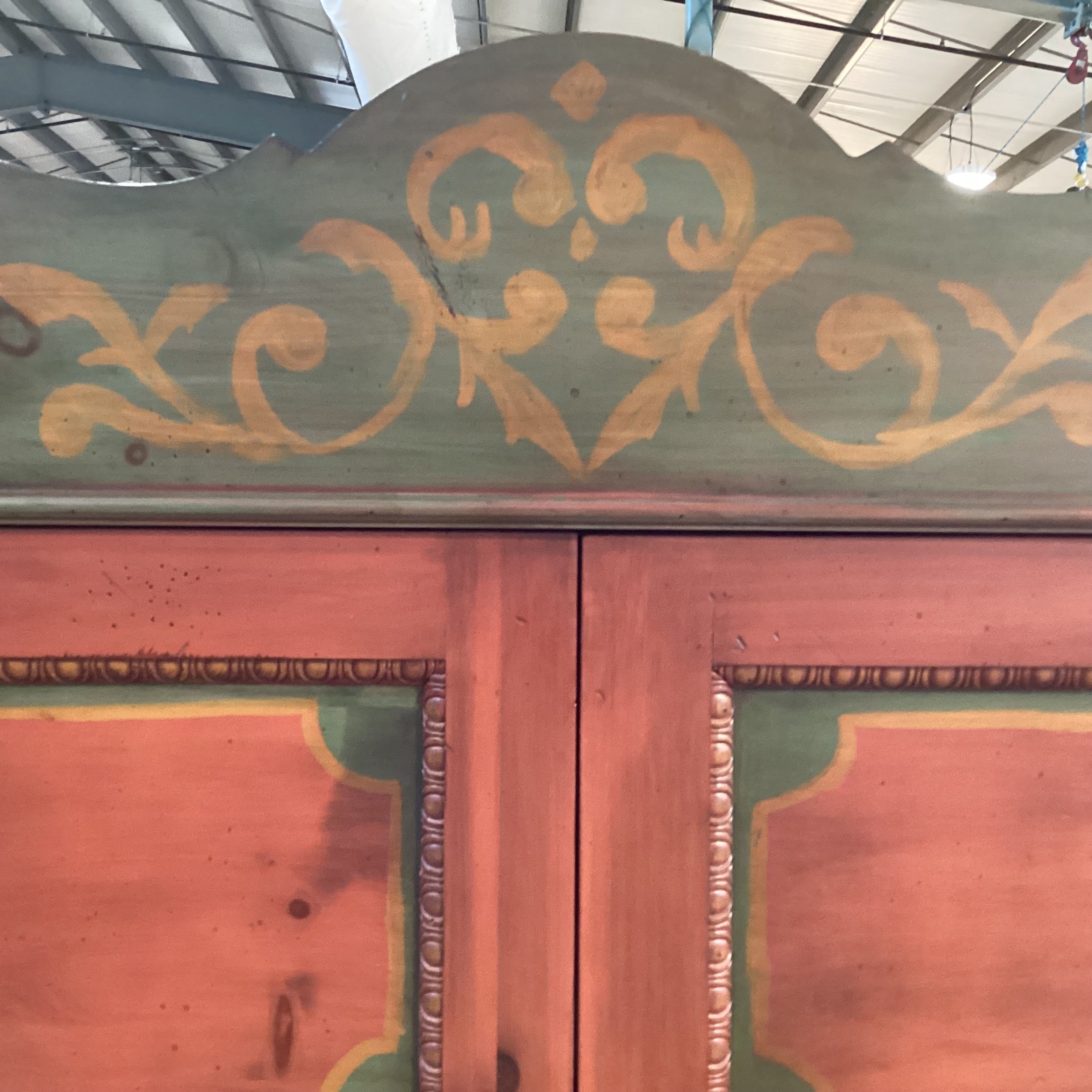 Custom Carved Wood Antiqued Red & Green Handpainted 2 Door Wardrobe Armoire 46"x 24"x 82"