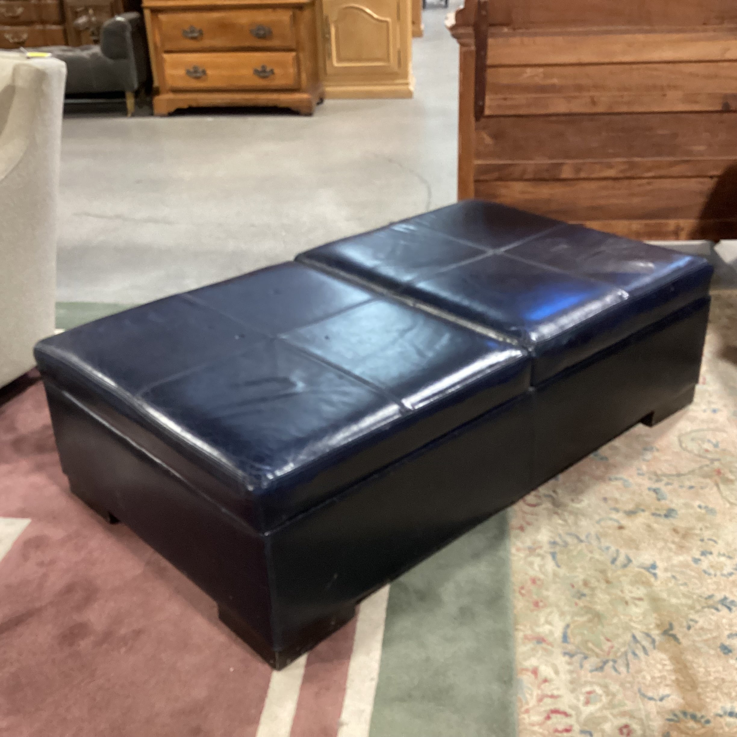 Navy Leather with Storage Bench Ottoman 52.5"x 30"x 16"